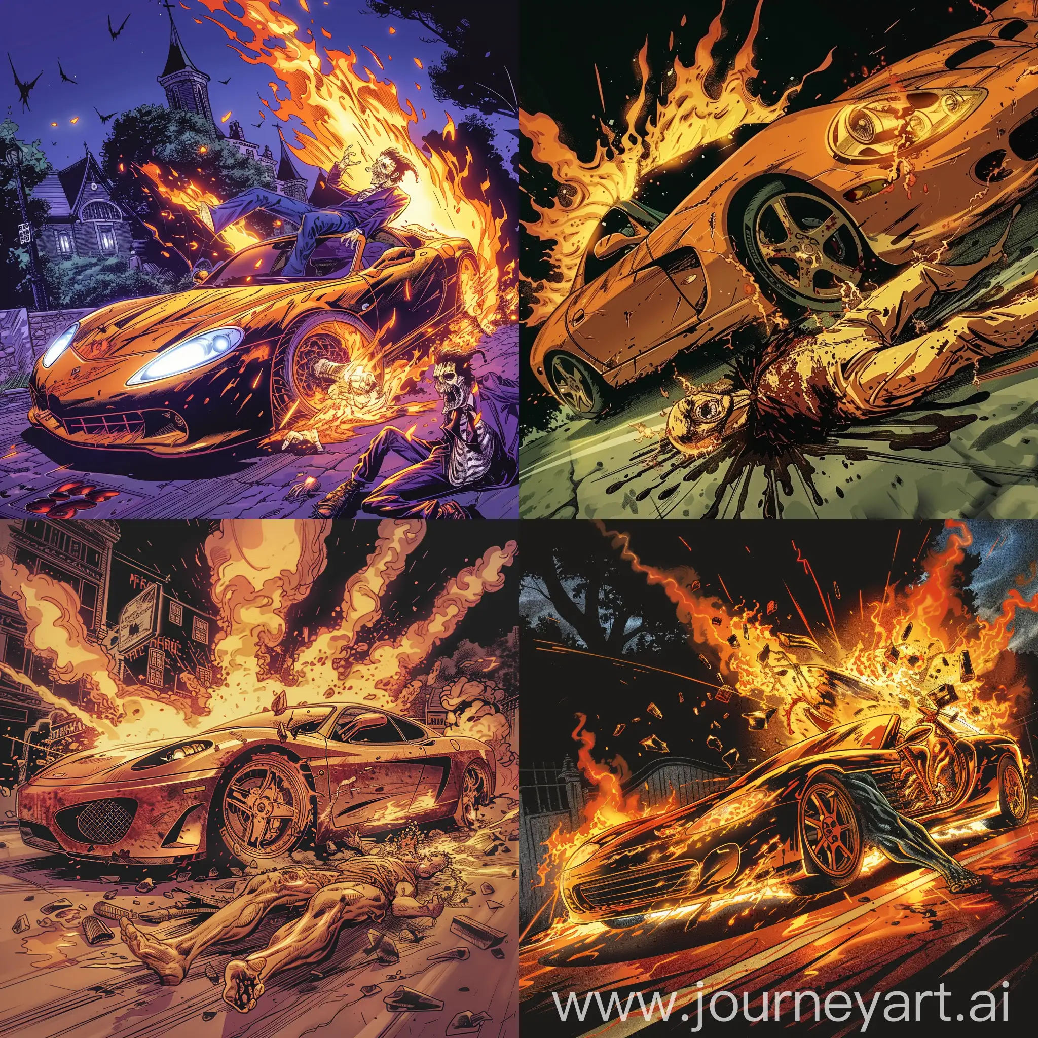 A flaming sports car cutting a vampire in half, so you can see the legs and torso and head still, in the style of the preacher comics