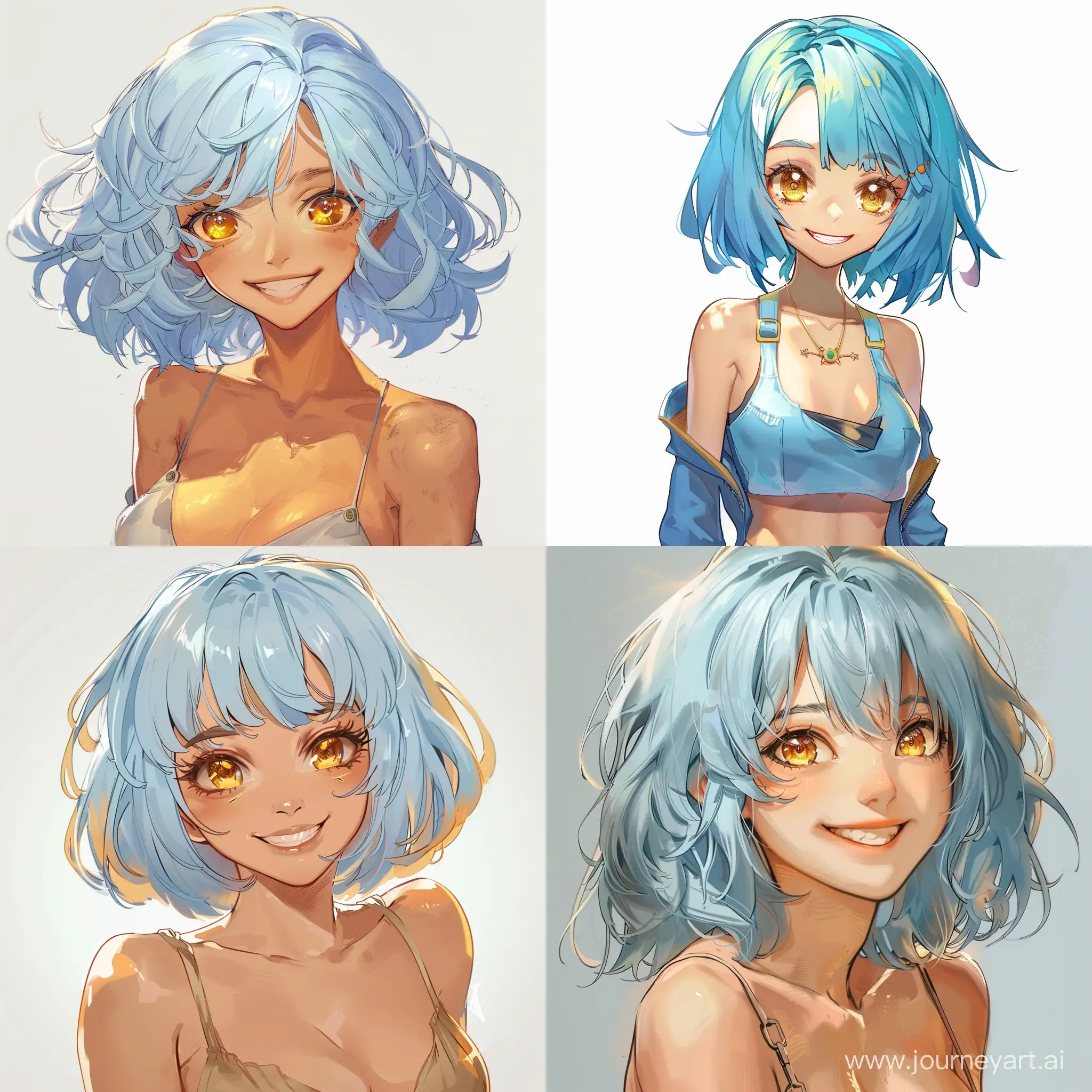 character design for a cute anime girl with light blue azure hair, golden eyes, a warm smile, short stature, and dressed in tight clothes