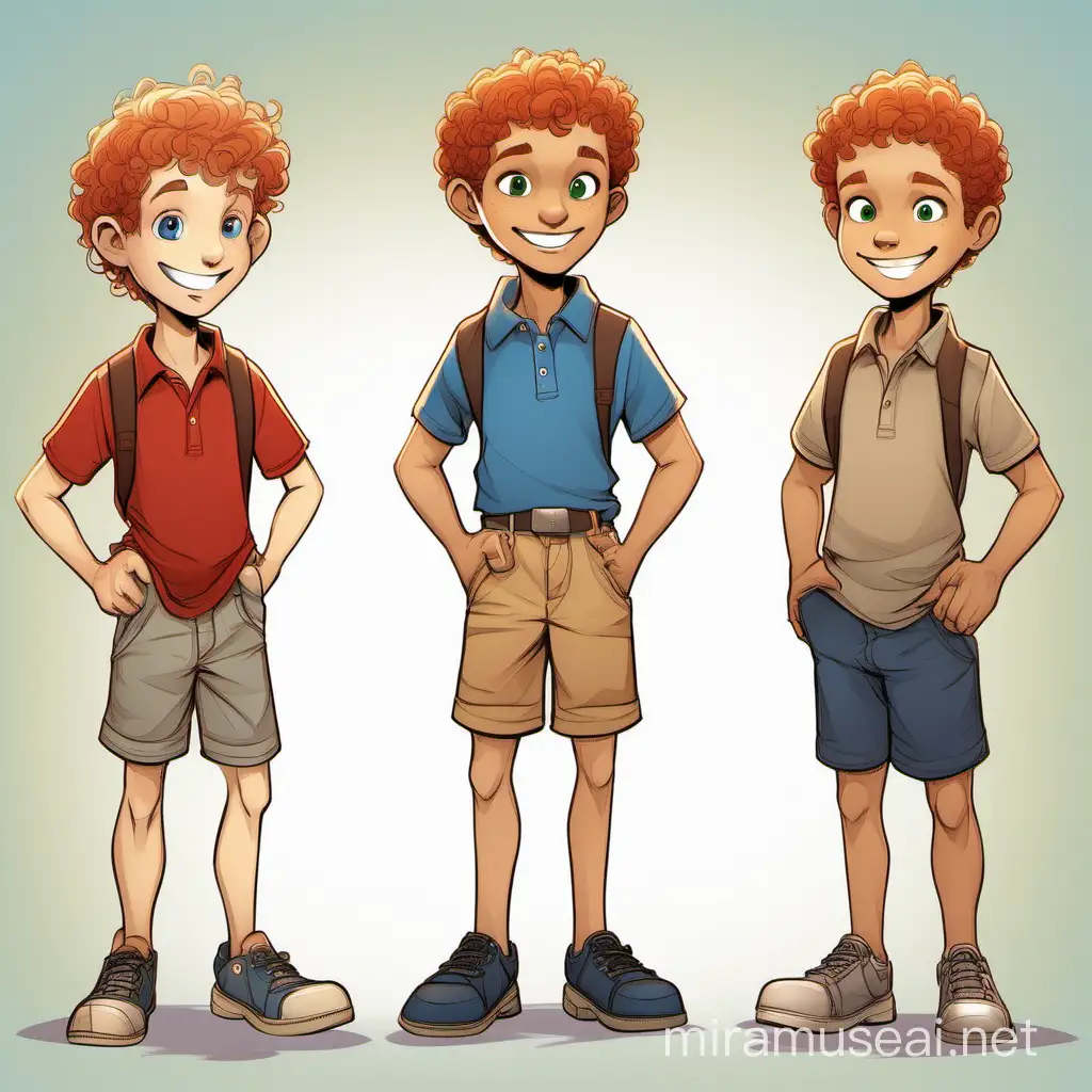 Character illustration, character standing legs hands,joey, a freckle-faced, thin, great smile but often looks confused (not confident)
Character's Gender Male
Character's Age 8
Character's Ethnicity caucasian
Character's Skin Color white
Character's Hair Color light brown or reddish
Character's Hair Style curly
Character's Eye Color brown
Character's Clothing blue shorts, red polo shirt
Any Special Features? pointed nose, big smile, a few freckles
