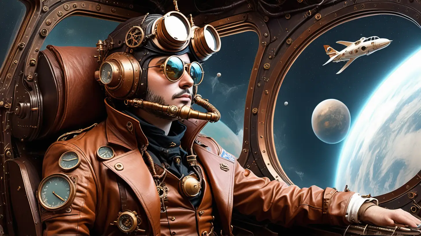 Steampunk Pilot in Celestial Space Adventure