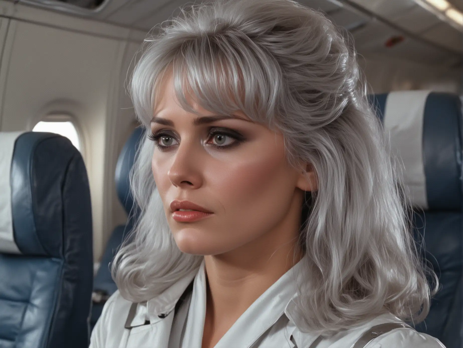 footage from a 1980s sci-fi dvd,  silver lady, sad on an airplane, sad scene