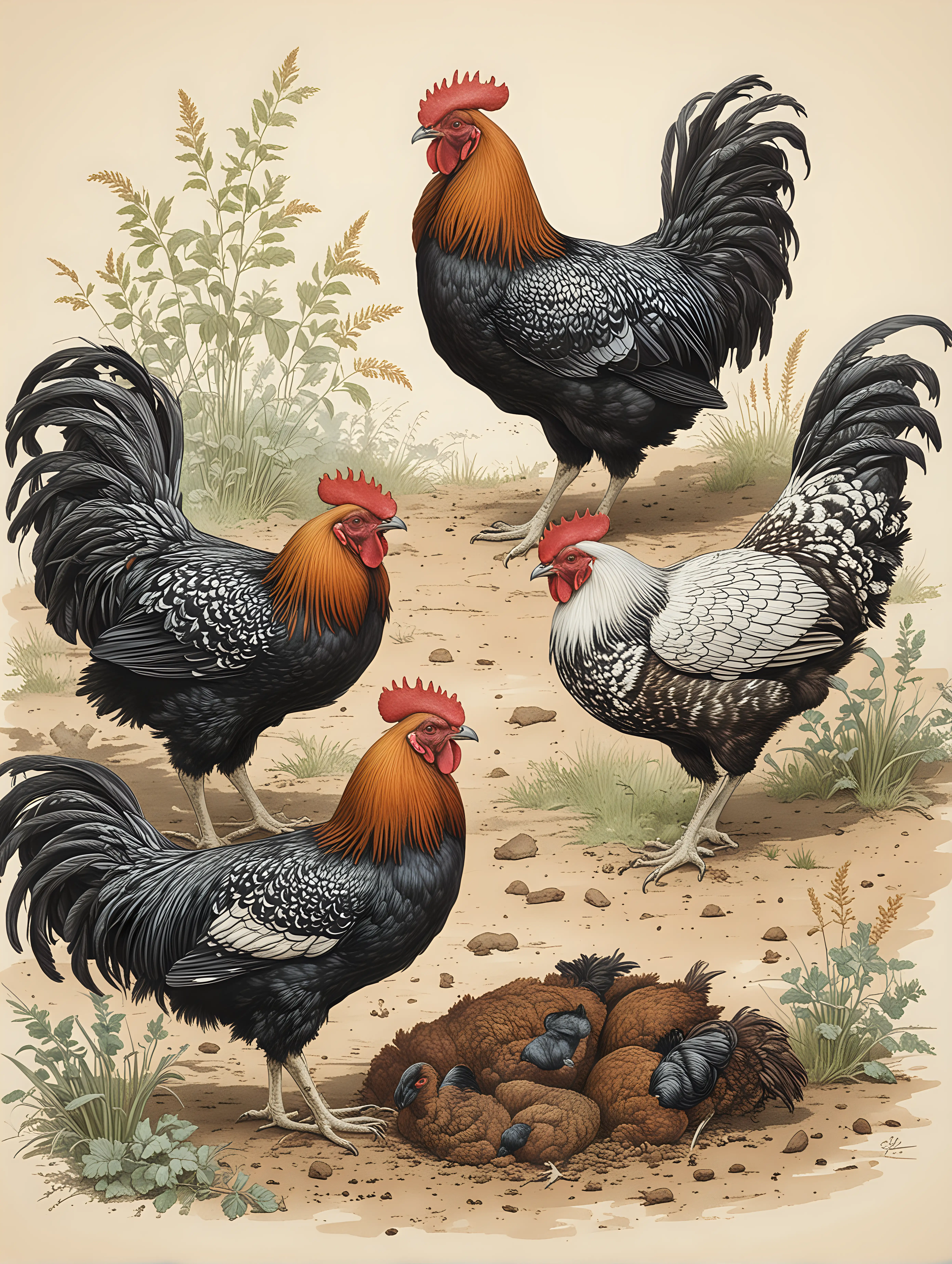 simple line drawing of 3 american roosters and 2 black hens pecking the ground to eat, colored in audubon style