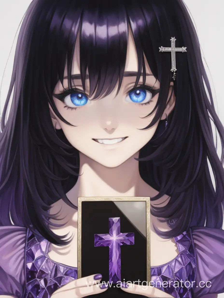 Девушка, с черными волосами, в коротком самфировамом платье, вместо глаз есть большой черный крест на пол-лица, в руках держит фотографию, где у она улыбается, и где вместо креста синие глаза