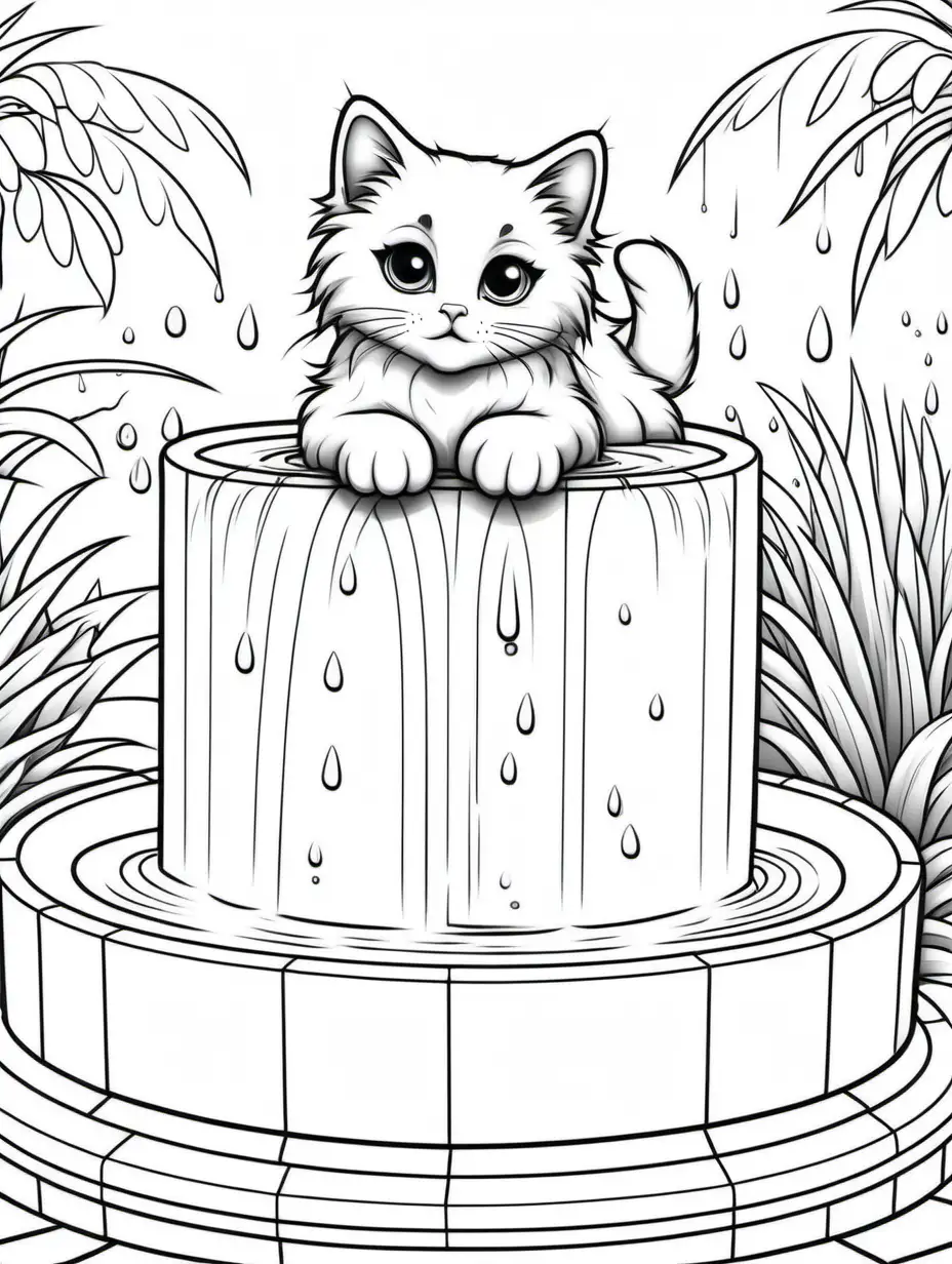 Colouring page, cute ,  rugdoll, kitten, on a fountain ,white , black outline,thick lines, white background, low detail, no shading , colouring page