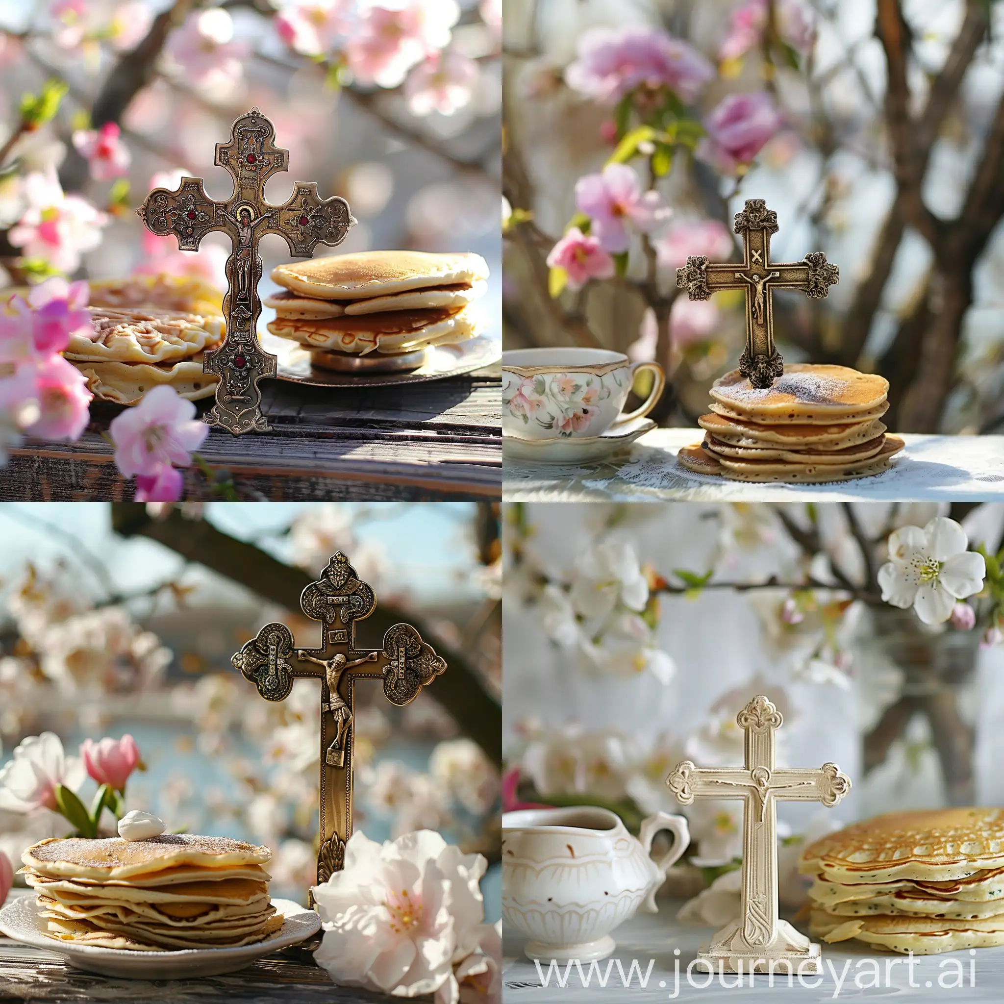 an orthodox cross without Jesus, is near russian pancakes, on the table, with early spring background