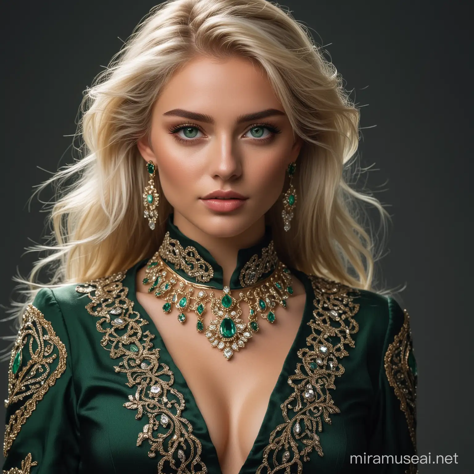 Blonde Mage in Chic Jewelry with Emerald Eyes on Dark Gray Background