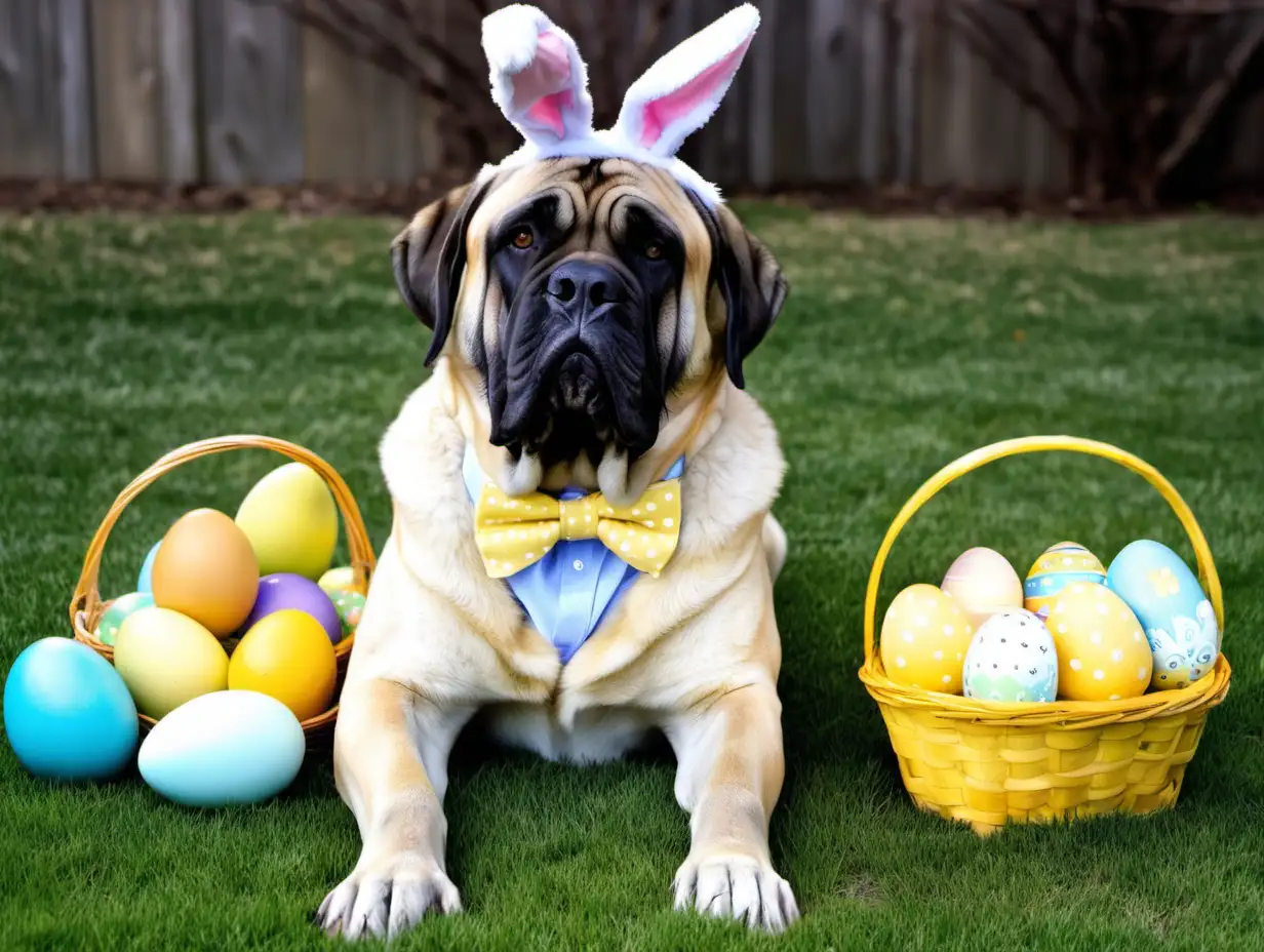Easter English Mastiff with Bunny Ears and Chick Friends