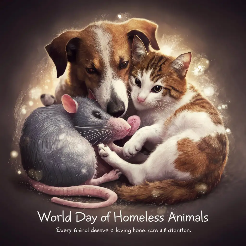 without any inscriptions, a magical and beautiful photo on the occasion of the world day of homeless animals, reminding that every animal deserves a home, love and care, with a dog, a cat and a rat, without any inscriptions