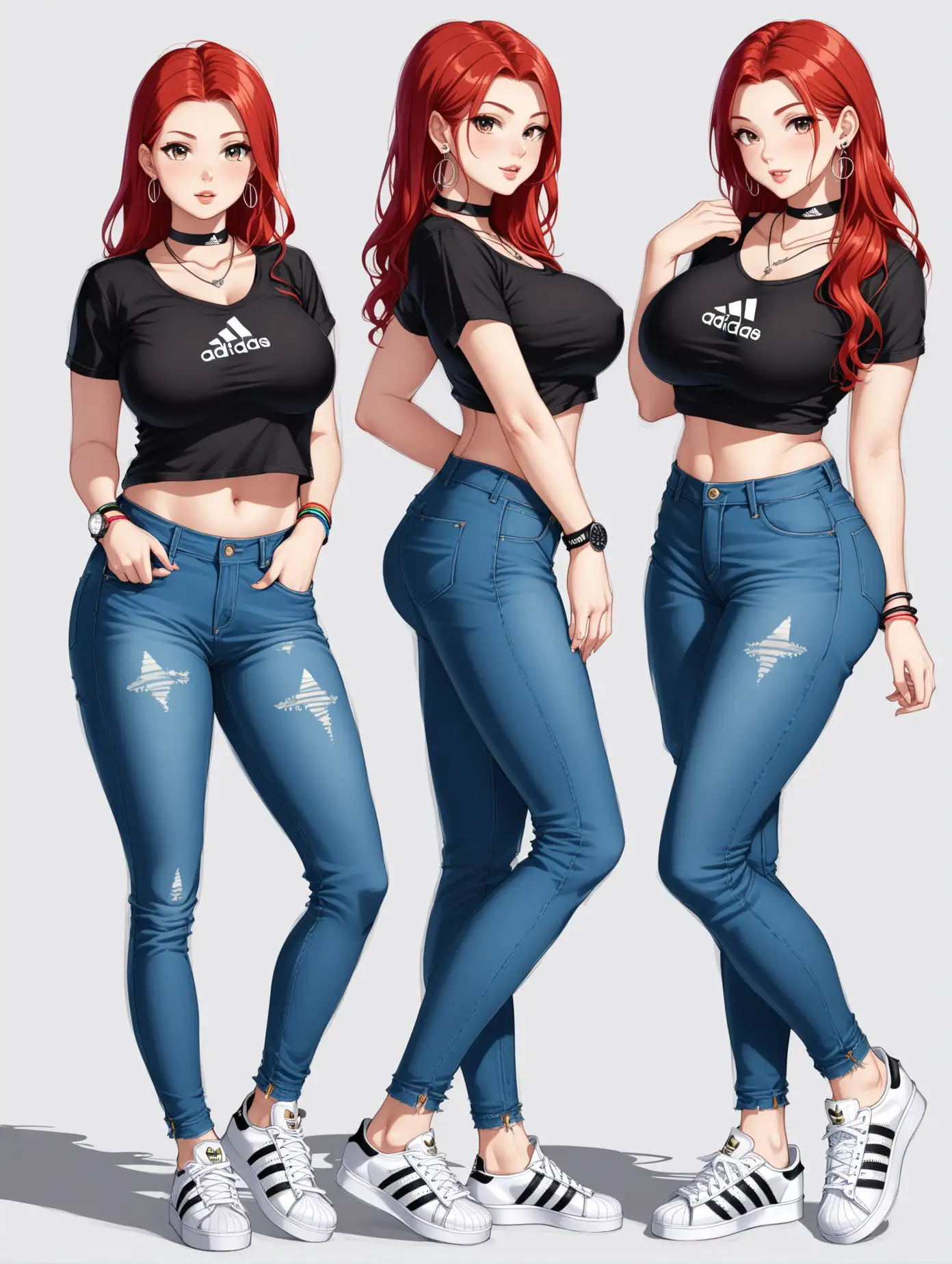 sensual picture of a hot girl, 2 poses, age 20, tall, redhead, busty, big ass, small feet sizes, wearing shirt, jeans, barefooted in High Platforms Adidas model Nizza black sneakers size small, earrings, choker, necklaces, wristbands, watch, 2 poses