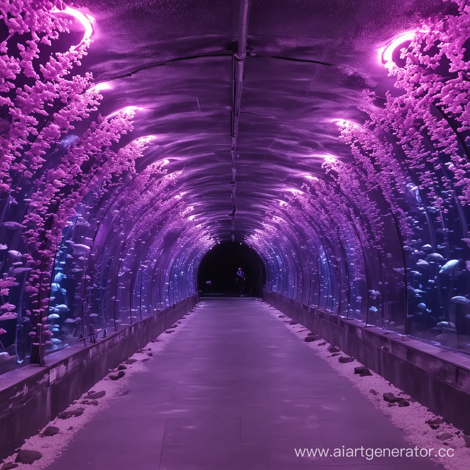 тоннель океонариума в сиреневых оттенках и со светящимися сиреневым китами!!