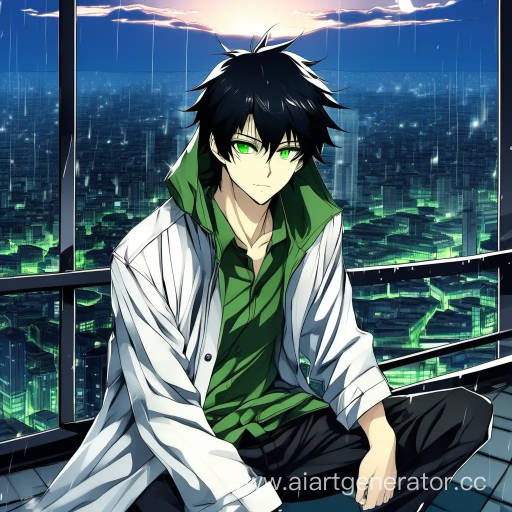 Аниме парень с чёрными волосами и зелёными глазами. Одет в белую рубашку и чёрные брюки и в зелёный  дождевой плащ. сидит на крыше небоскрёба ночью. С ухмылкой
