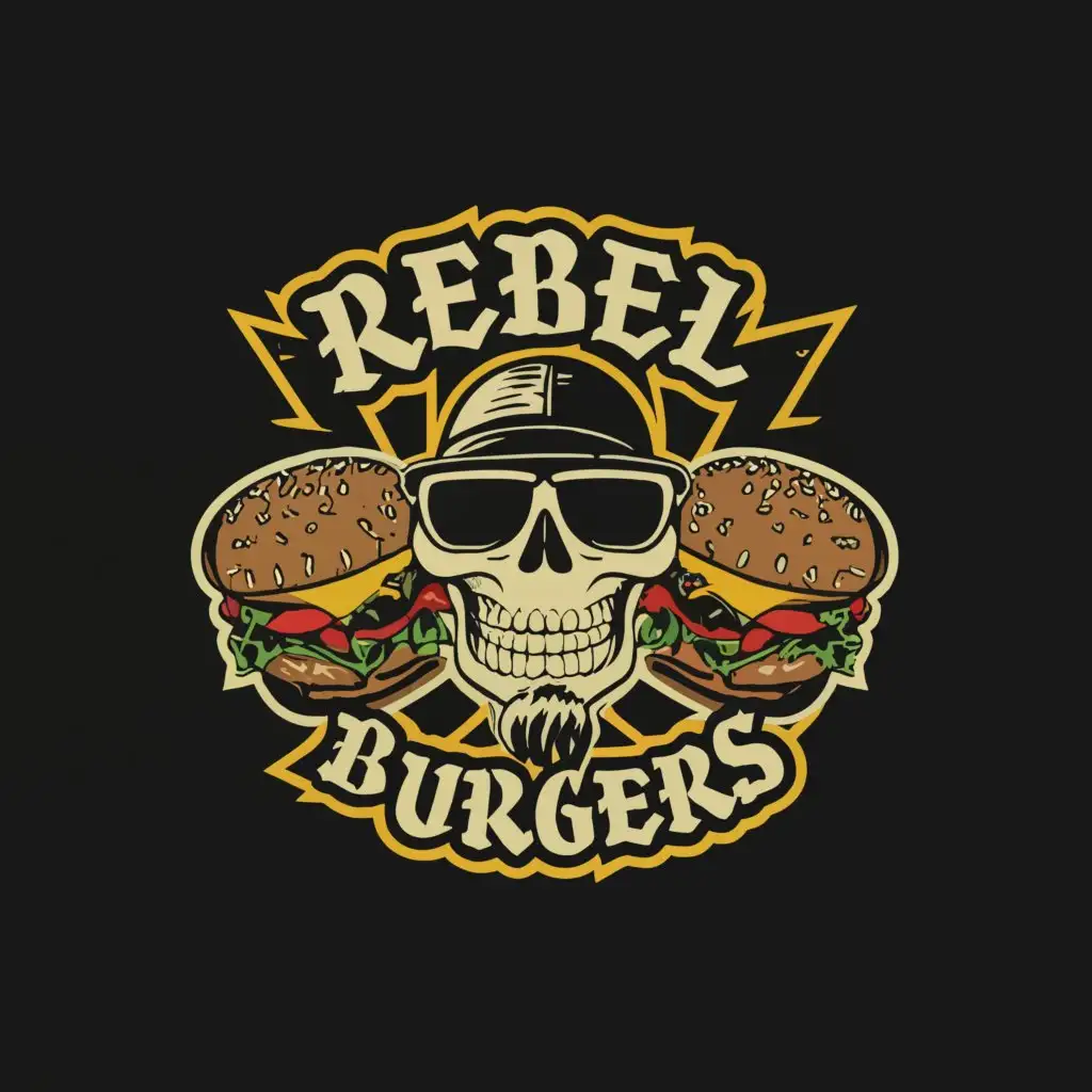 a logo design,with the text "Rebel Burgers", main symbol:skull,Moderate,clear background