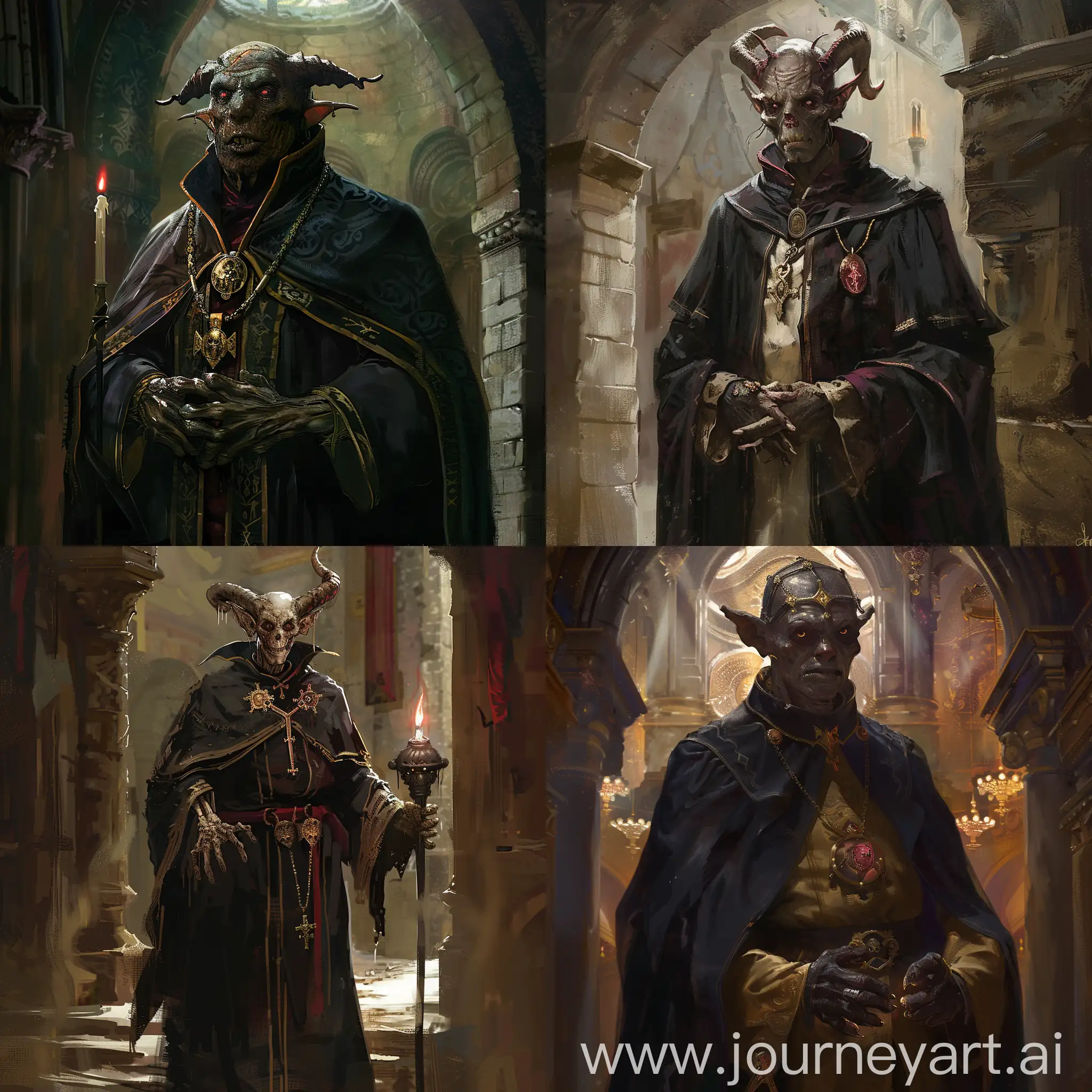The Tiefling is an undead sorcerer in a cassock who trades in the temple