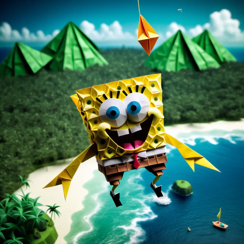 Realistic origami photo of SpongeBob flying over a tropical island.