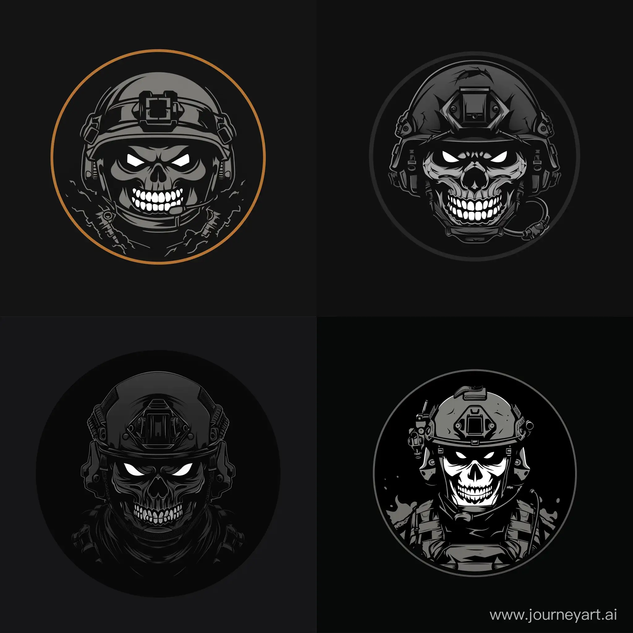 logo, black circle, angry smile, minimalistic, modern military equipment, helmet, madness in eyes, skull mask, black background