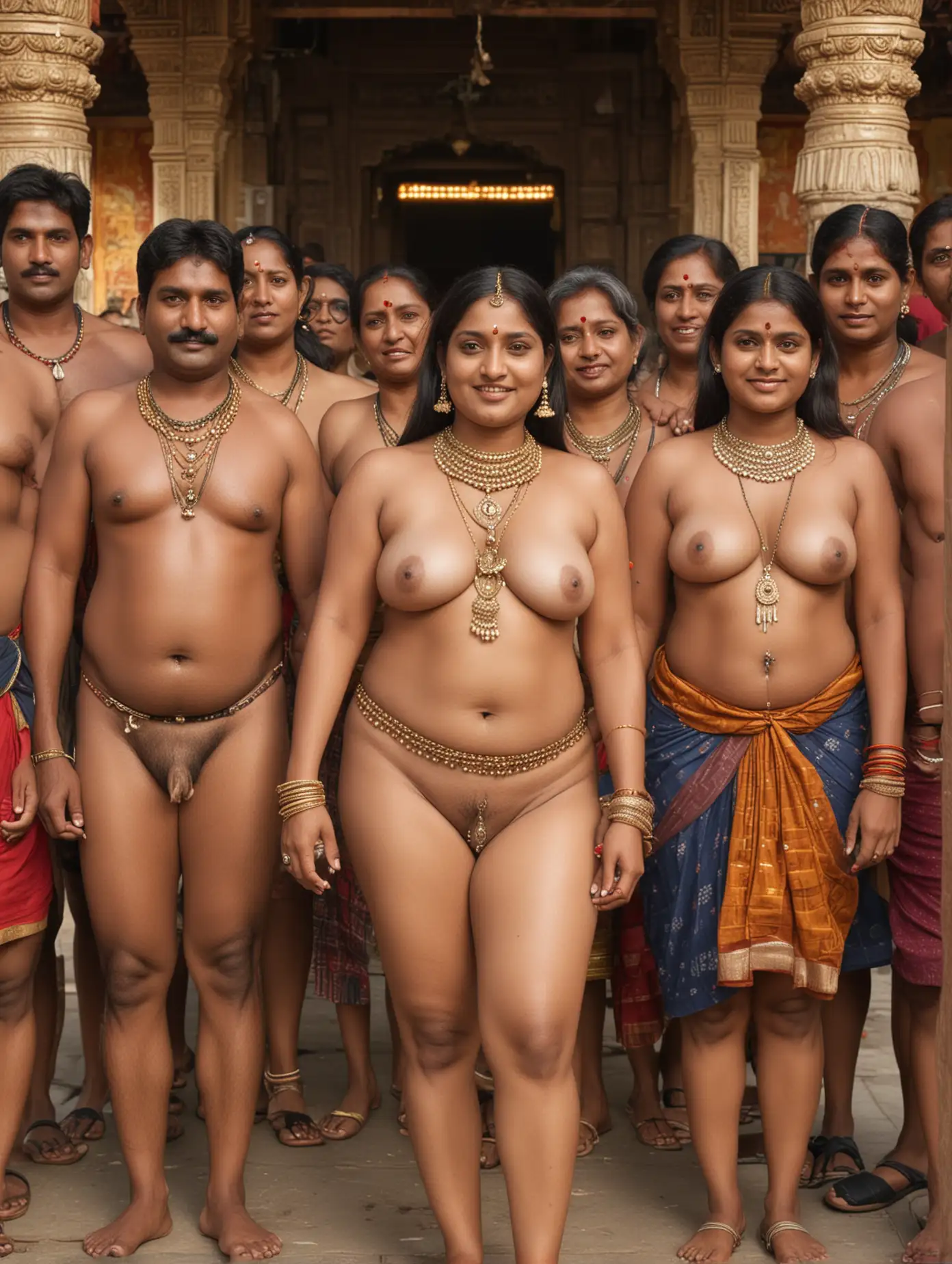 Indian mature mother, chubby and naked, adorned with ornaments, nose ring, nipple ornaments, and waist chain. Also, a south Indian daughter, naked with slim body, next to the mother. Surrounded by brothers and fathers. In a temple.