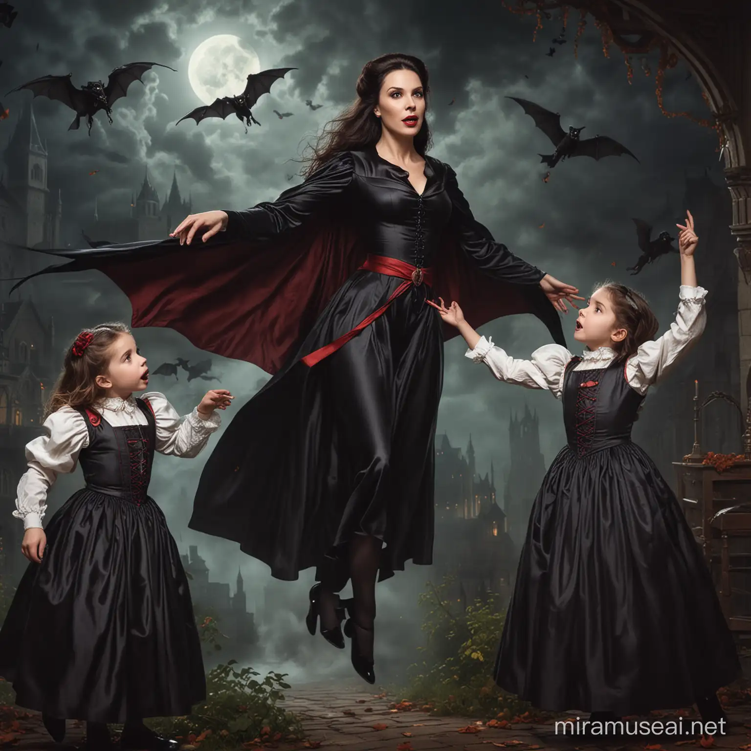 Countess Dracula Teaching Her Daughters to Fly Gothic Vampire Mother Training Offspring