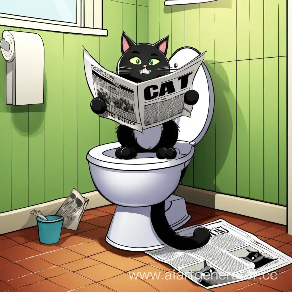 Кот сидит на горшке и читает газету 

