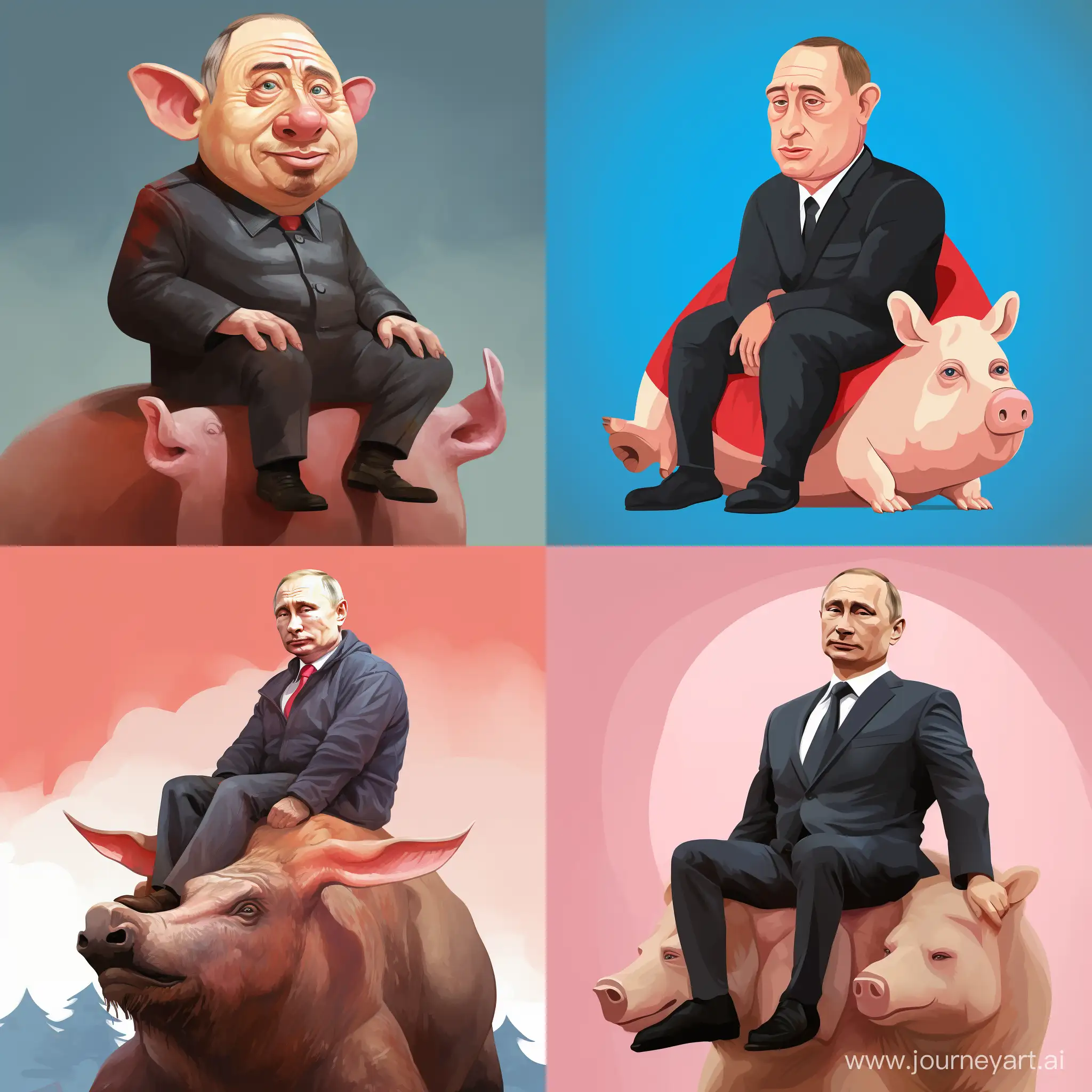 Vladimir Putin is sitting on top of a pig, cartoon style, illustration