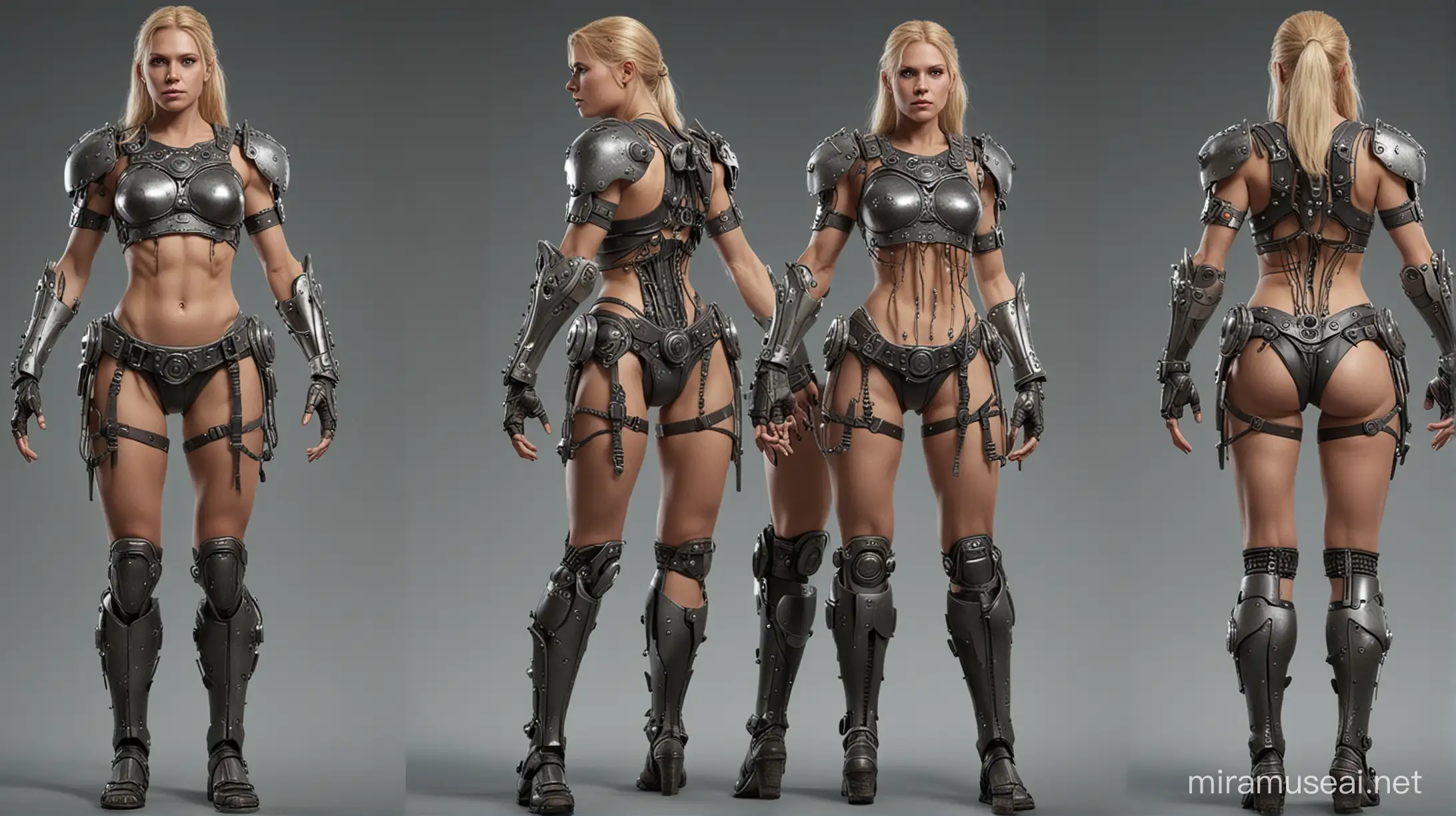Female Cyborg Viking Character Reference Sheet Steel Body Viking Armor and Biomechanical Android Features