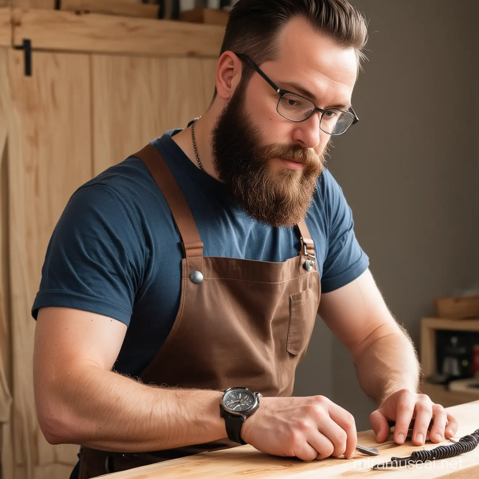 Bearded Woodworker Crafting with Apron and Dog Tag Necklace