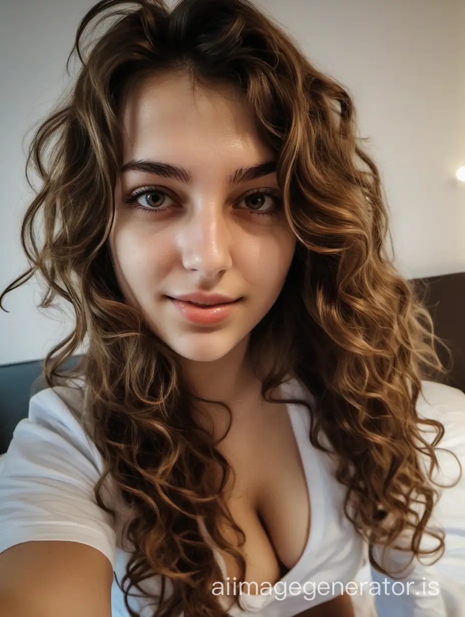 a photo of Michela, an Italian prosperous girl just came back home from college with brown wavy hair, taking a self hot picture after waking up in early morning