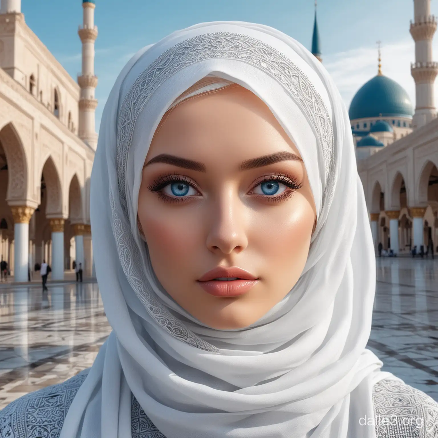 Detailed photo: with realistic dark blue eyes, fully transparent , concept design, blue eyes, girl in hijab,Alena Shishkova's style, against the background of a mosque