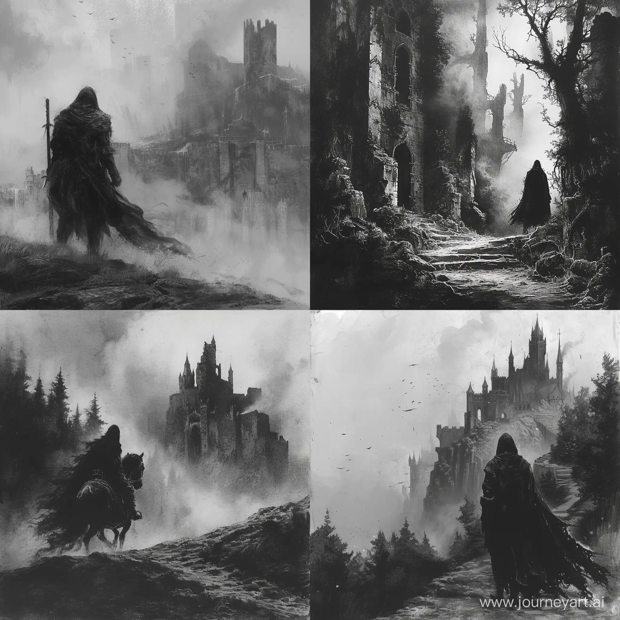 black and white picture,dark fantasy,medieval, It's gloomy,haze, classic drawing