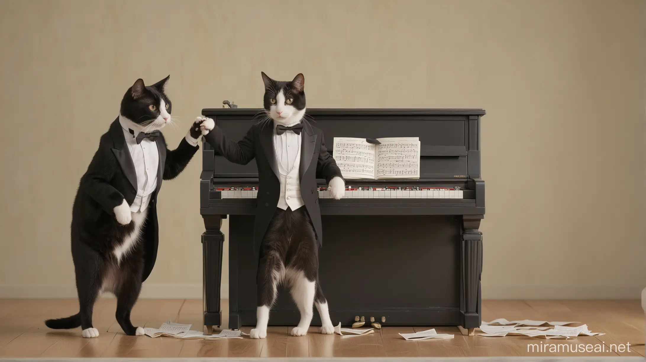 Кот играет на рояле. Кот в смокинге. Сидит на банкетке. На рояле стоят ноты.