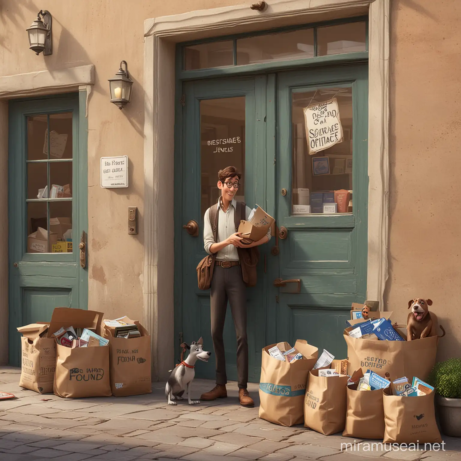 a man is Collecting at the lost and found office for animals ,disney pixar style

