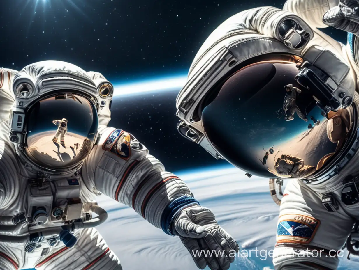 два космонавта играют с футбольным мячом в открытом космосе, из далека из снимают на камеру пришельцы
