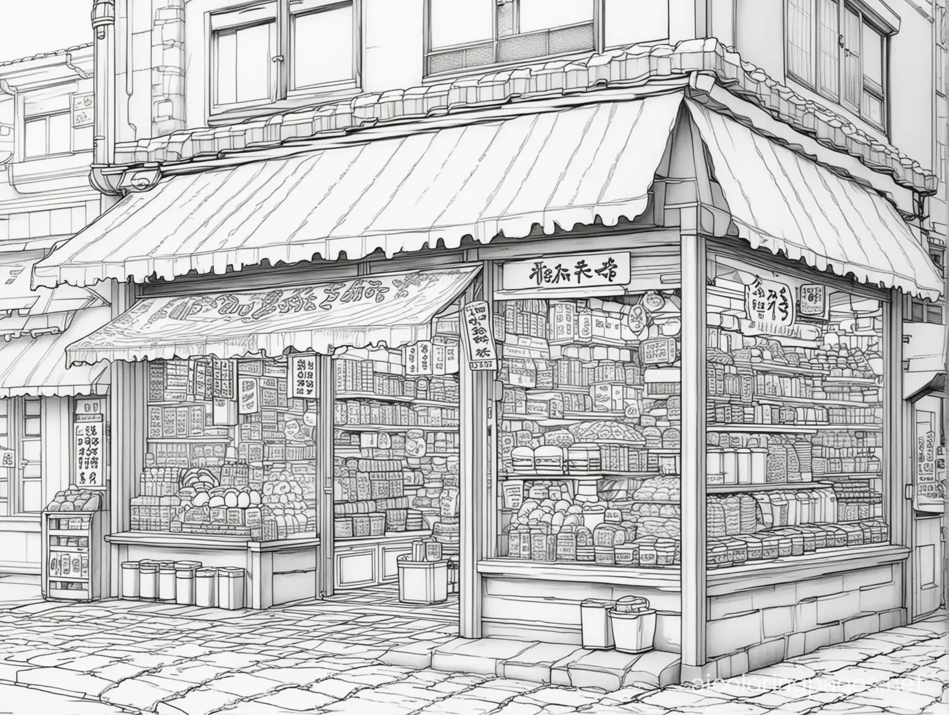 Showa Japan confectionery shop, Coloring Page, black and white, line art, white background, Simplicity, Ample White Space. The background of the coloring page is plain white to make it easy for young children to color within the lines. The outlines of all the subjects are easy to distinguish, making it simple for kids to color without too much difficulty