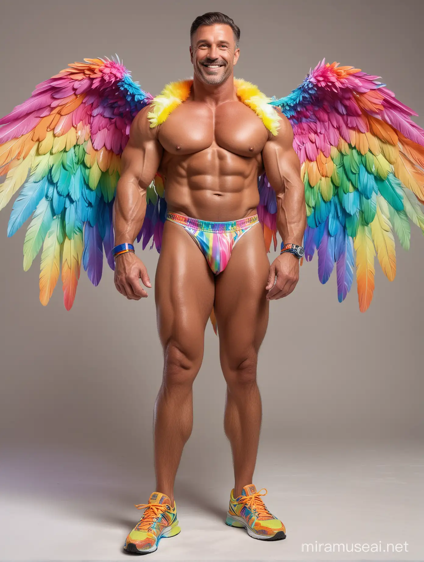 Full Body to feet Topless 40s Ultra Chunky Bodybuilder Daddy with Great Smile wearing Multi-Highlighter Bright Rainbow with white Coloured See Through Huge Eagle Wings Shoulder Jacket Short shorts left arm up Flexing