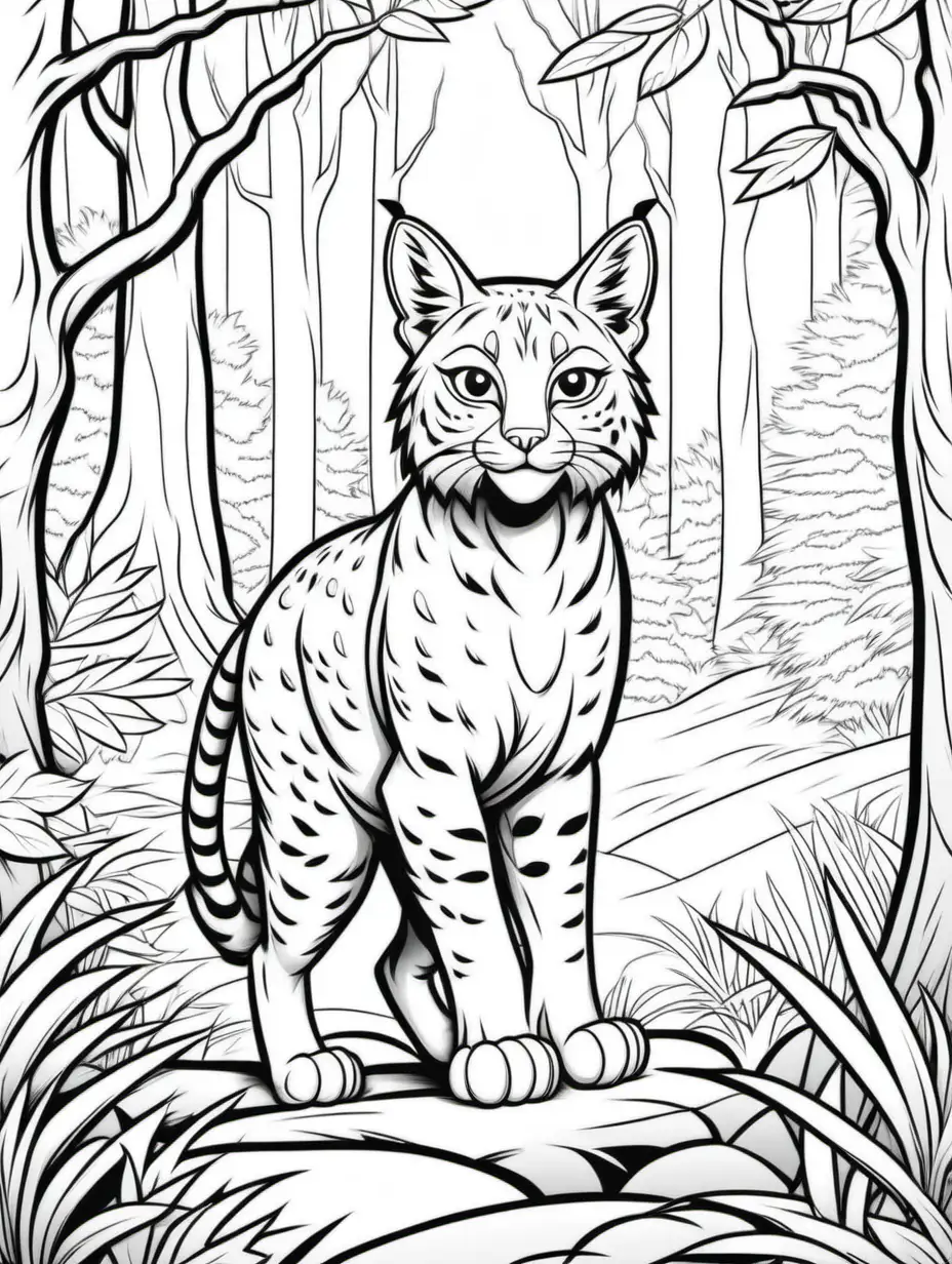 coloring pages for kids, bobcat in the forest scene, cartoon style, no shading, thick line, high detail, aspect ration 9:11
