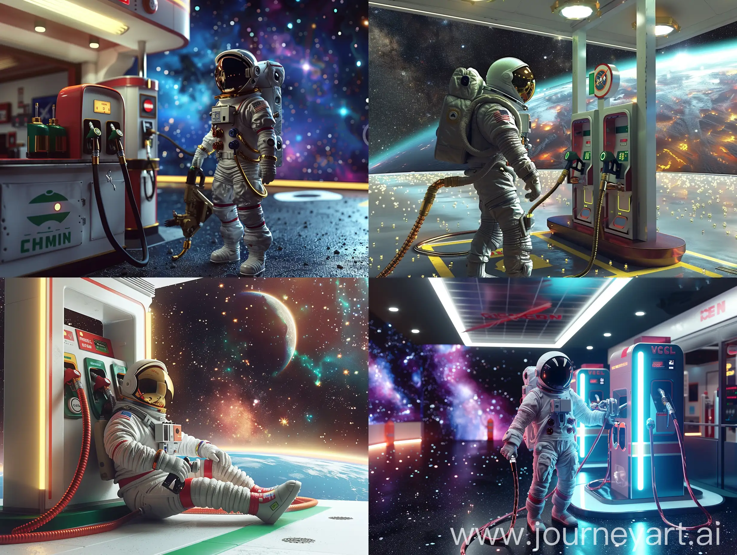 Art of an Astronaut is refueling his spaceship in a gas station with the entire cosmos in his background, 3d render