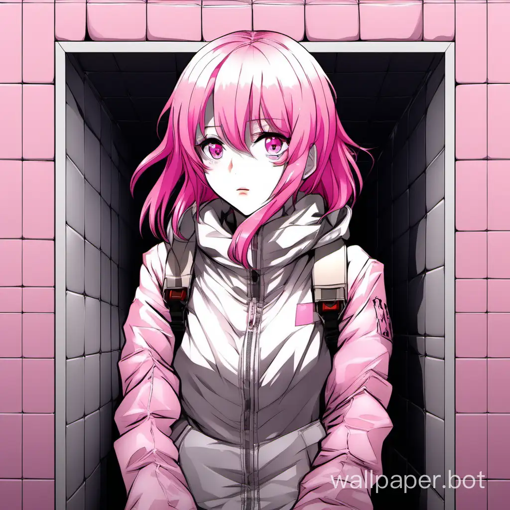 anime girl with pink hair in padded room simple background