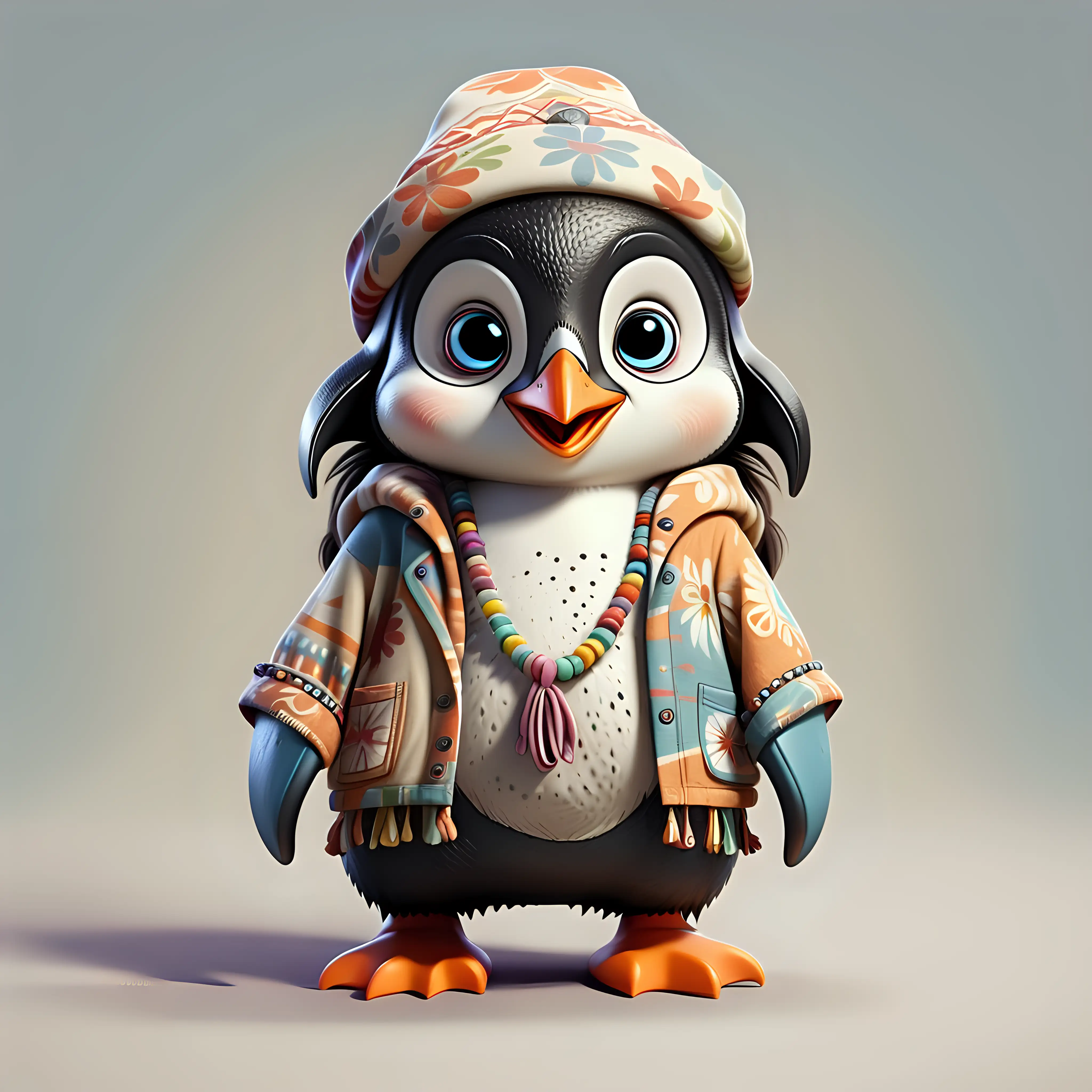 a cute Penguin in full body cartoon style with Hippie clothes with clear background