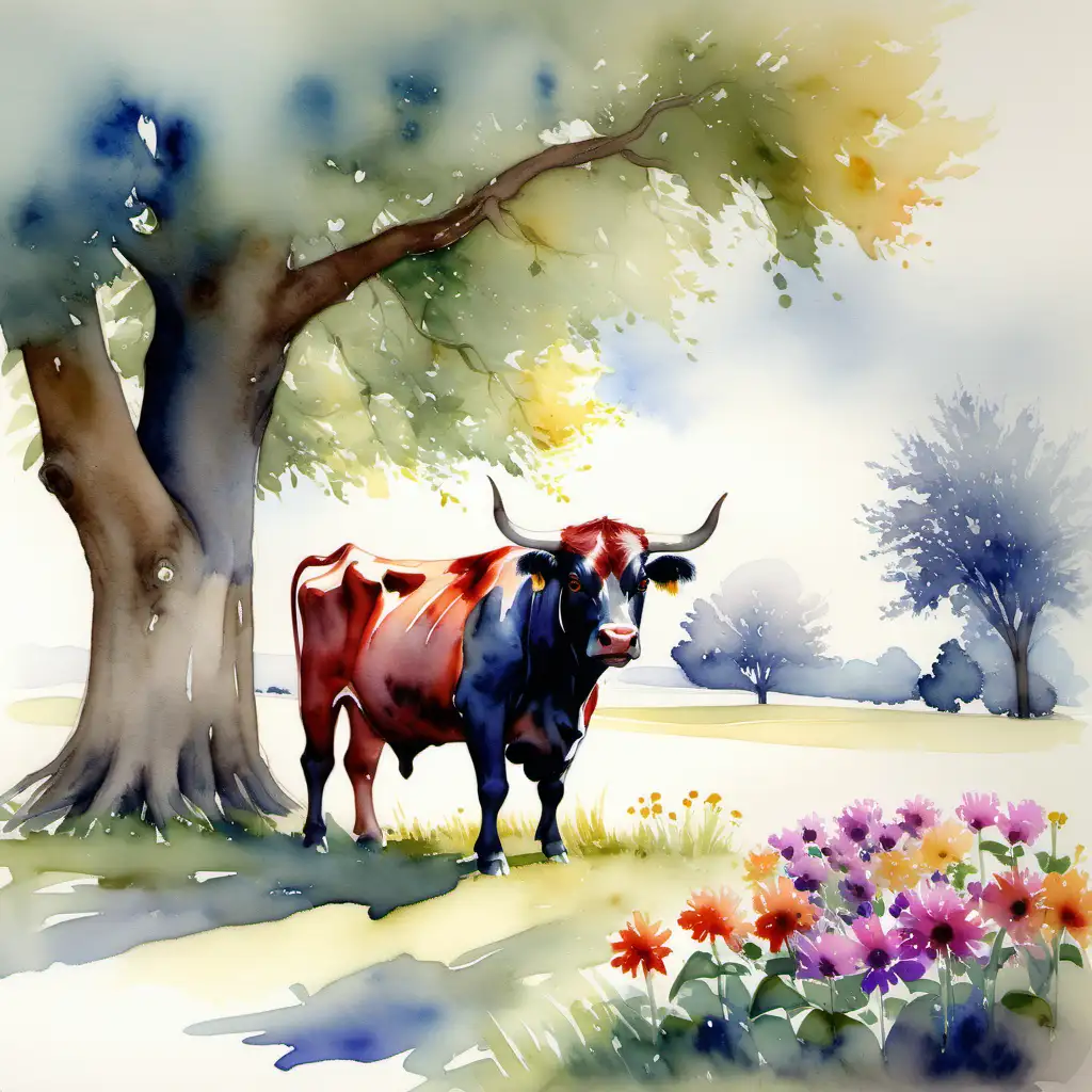an award winning watercolor painting, ferdinand the bull in an idyllic pasture, under a shady tree, smelling flowers, brilliant colorful flowers, charming, sweet, pastoral