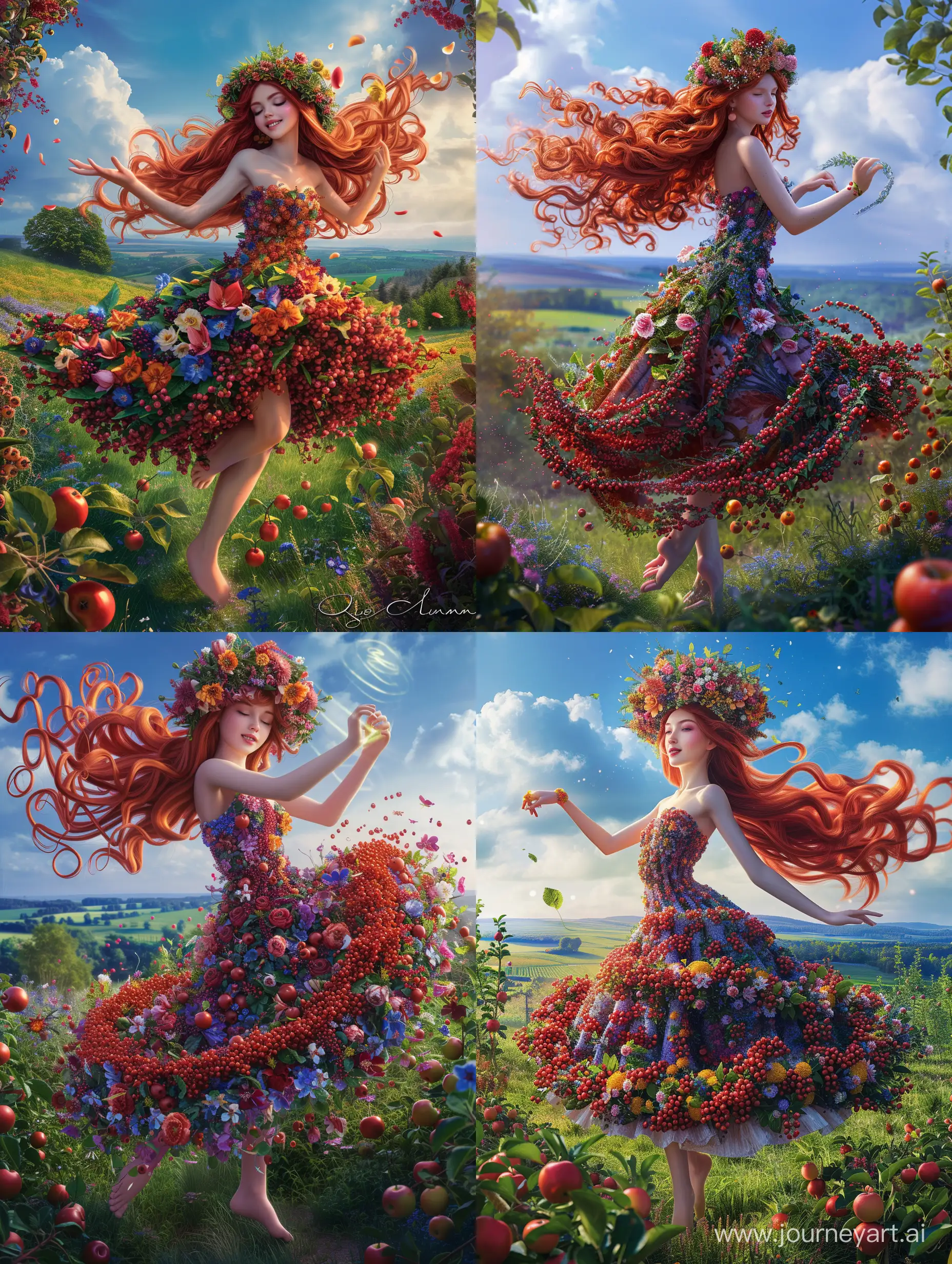 Королева-лето, невероятно красивая девушка в полный рост, с красными длинными волосами, на голове  венок из цветов, в платье из ягод и цветов кружится танцует в летнем саду, красивый пейзаж на фоне, синее небо, растут молодые яблоки, продолжение платья из цветов, завихряются у подола платья, неоновые переливы, высокое разрешение, эстетично, красиво, яркое освещение, фотореализм