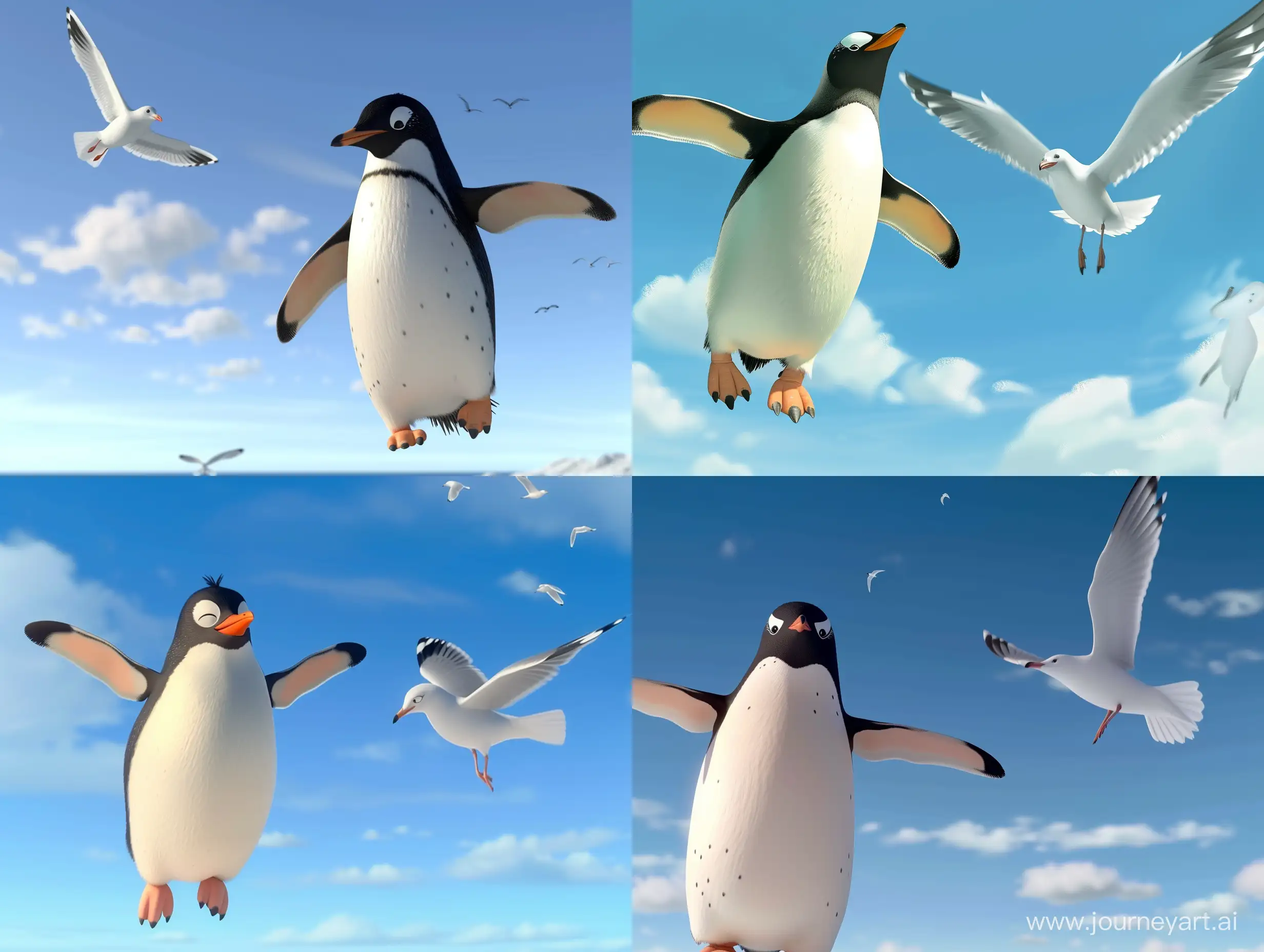 animated penguin flies into the sky after a seagull
