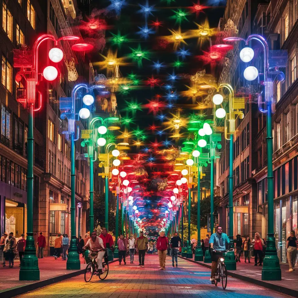 Vibrant Multicolored Street Lanterns Illuminating Night Cityscape