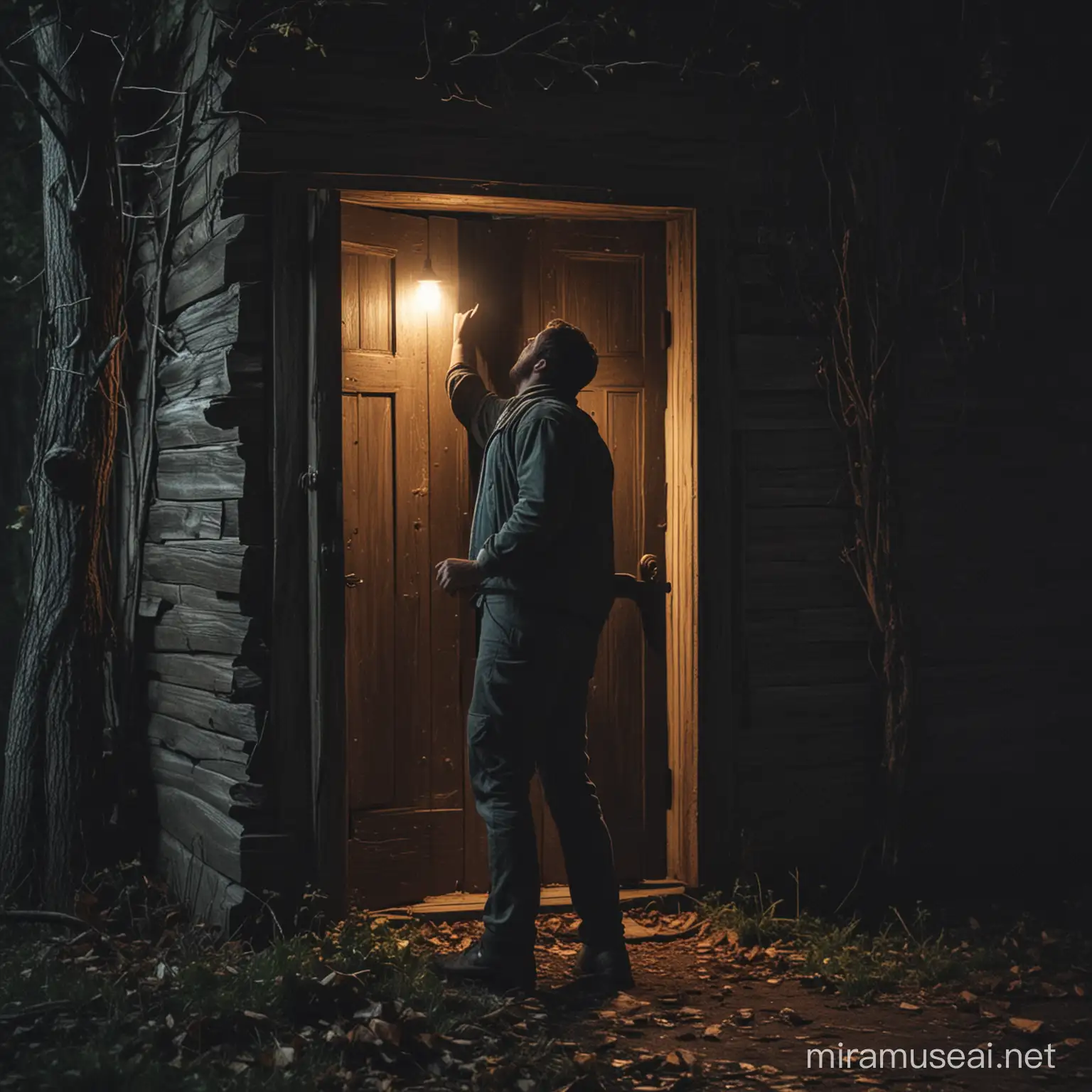 make a guy knocking on a door, inside the forest, at night, at a old house
