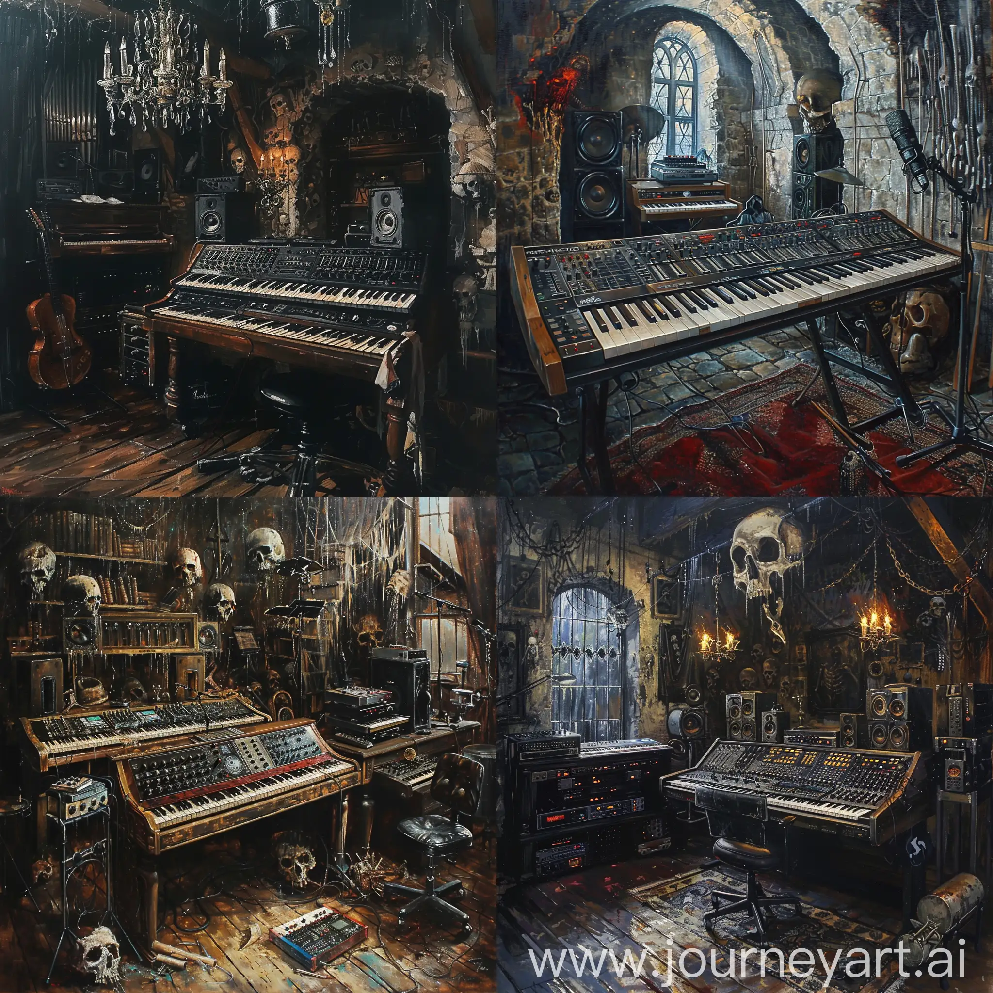 Heroes of might and magic 3 necropolis themed hyperrealistic oilpainting depicting a dark gothic macabre personal music studio