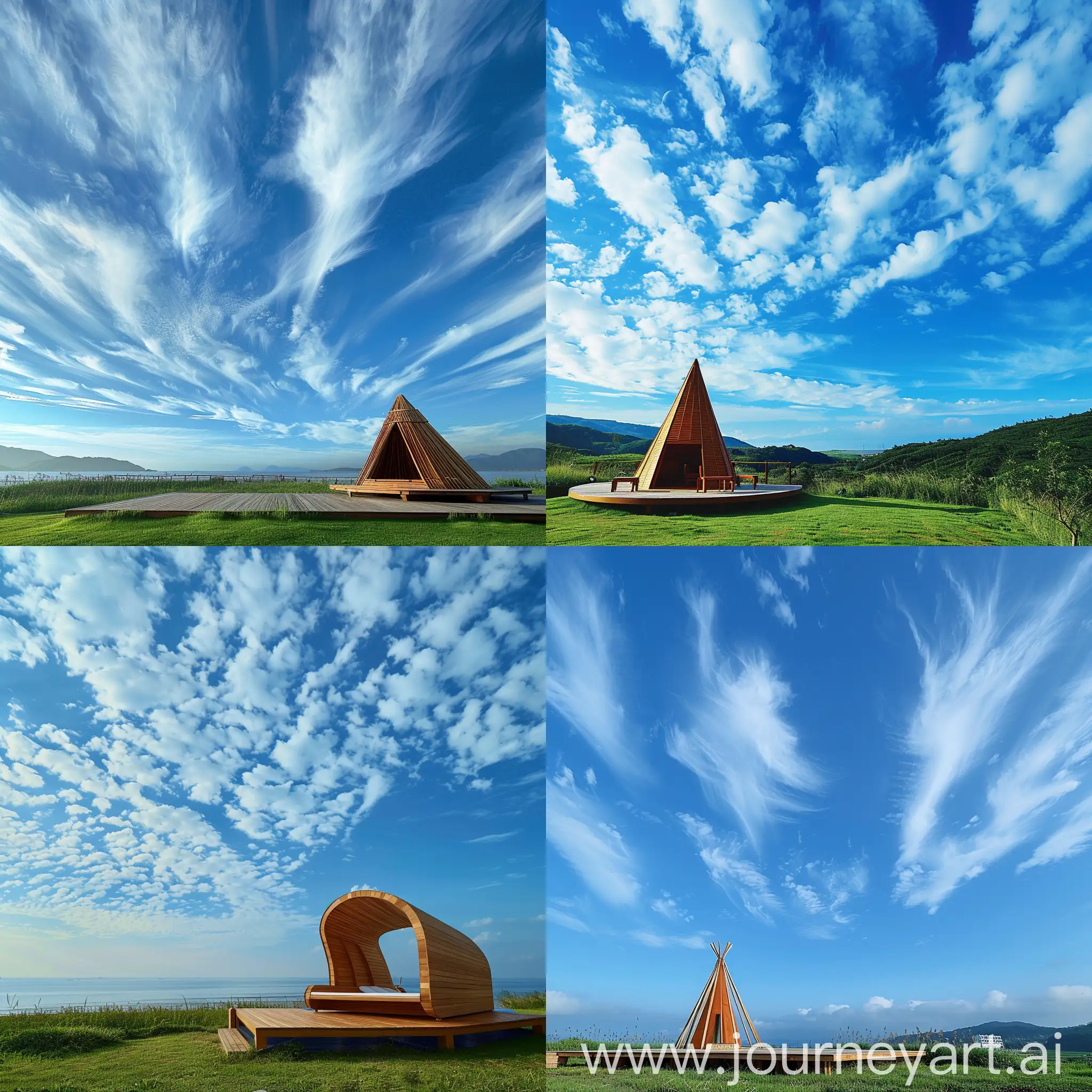 Luxurious-Wild-Wooden-Hotel-Tent-on-Green-Grass-with-Blue-Sky-and-Drifting-White-Clouds