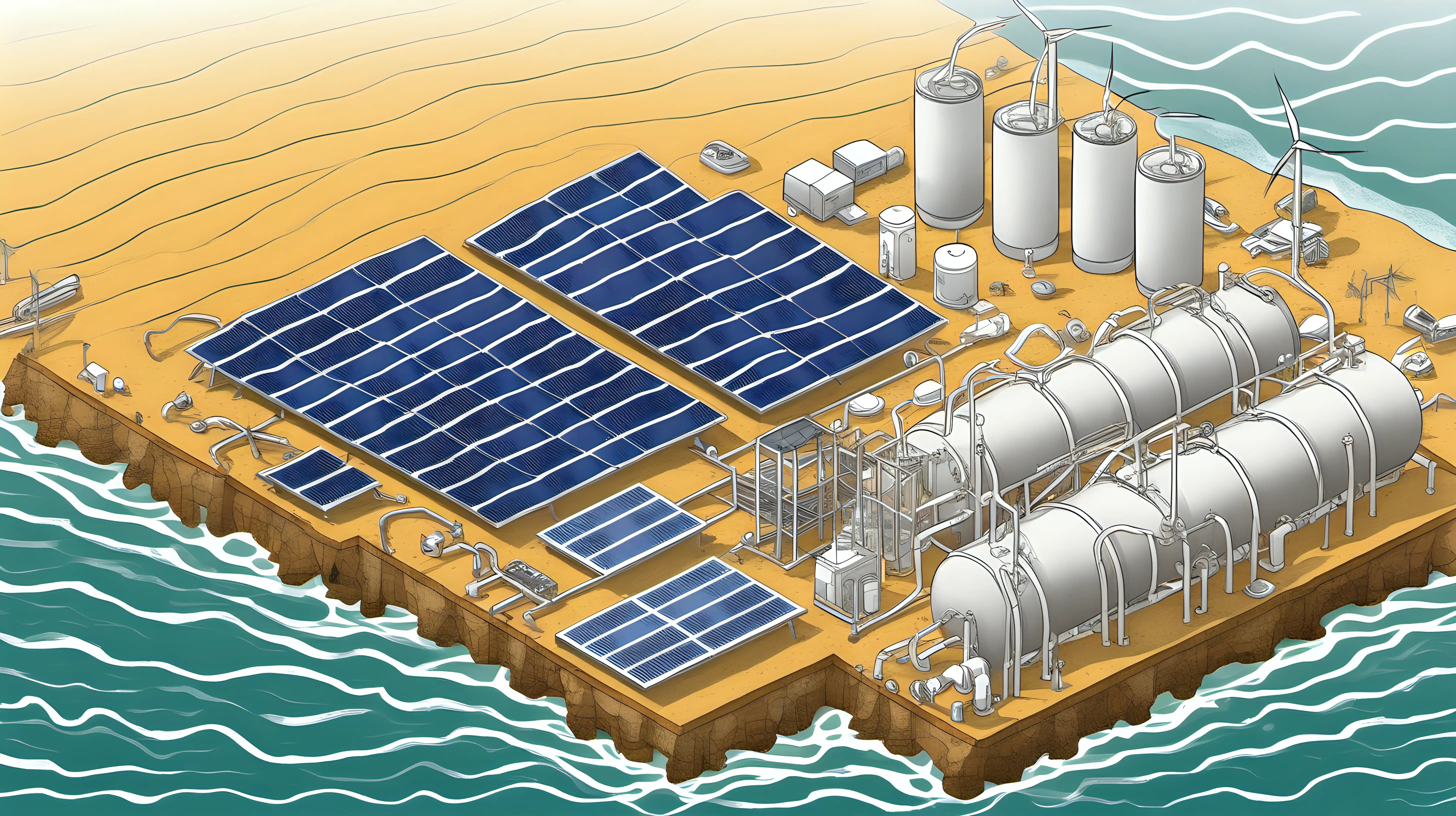 "Craft an illustration of a solar-powered desalination plant addressing both clean energy and water scarcity issues in a coastal region."