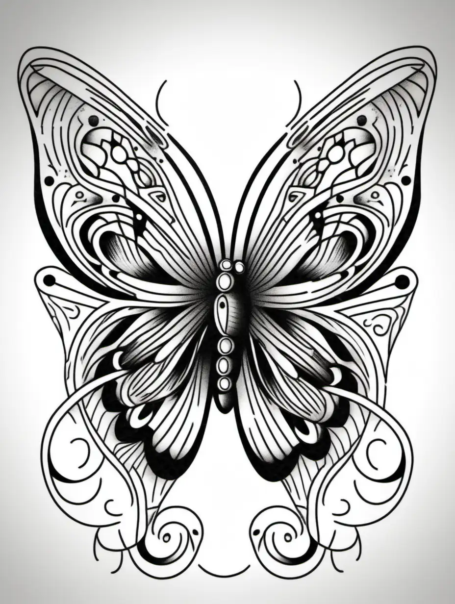 modern black and white butterfly tattoo. In a coloring book style.