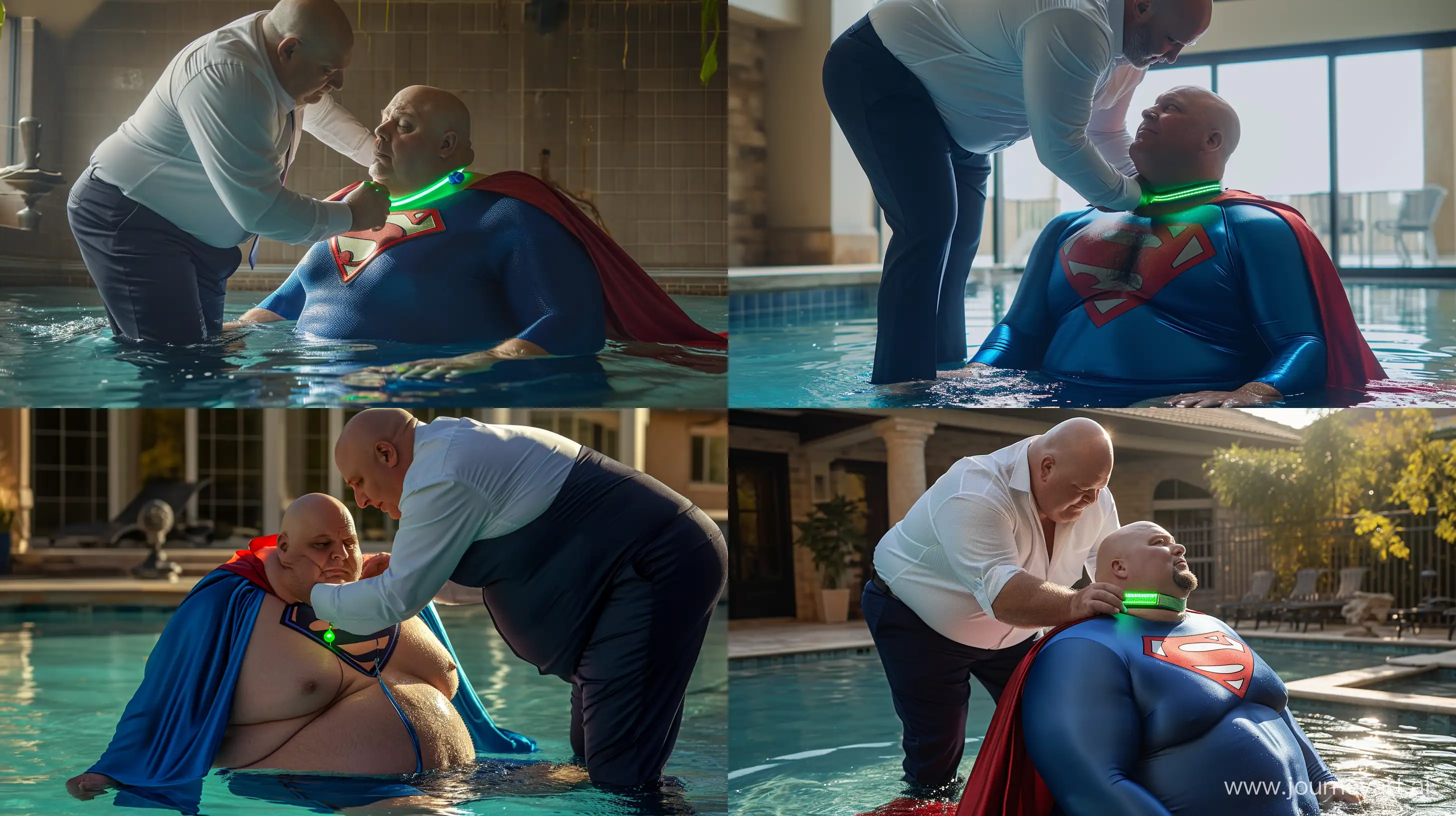 A closeup photo of a chubby man aged 60 silky navy business pants and a white shirt, bending behind and tightening a green glowing small short dog collar on the nape of another big chested chubby man aged 60 sitting in the water and wearing a tight blue silky superman costume with a large red cape. Swimming Pool. Natural Light. Bald. Clean Shaven. --style raw --ar 16:9 --v 6