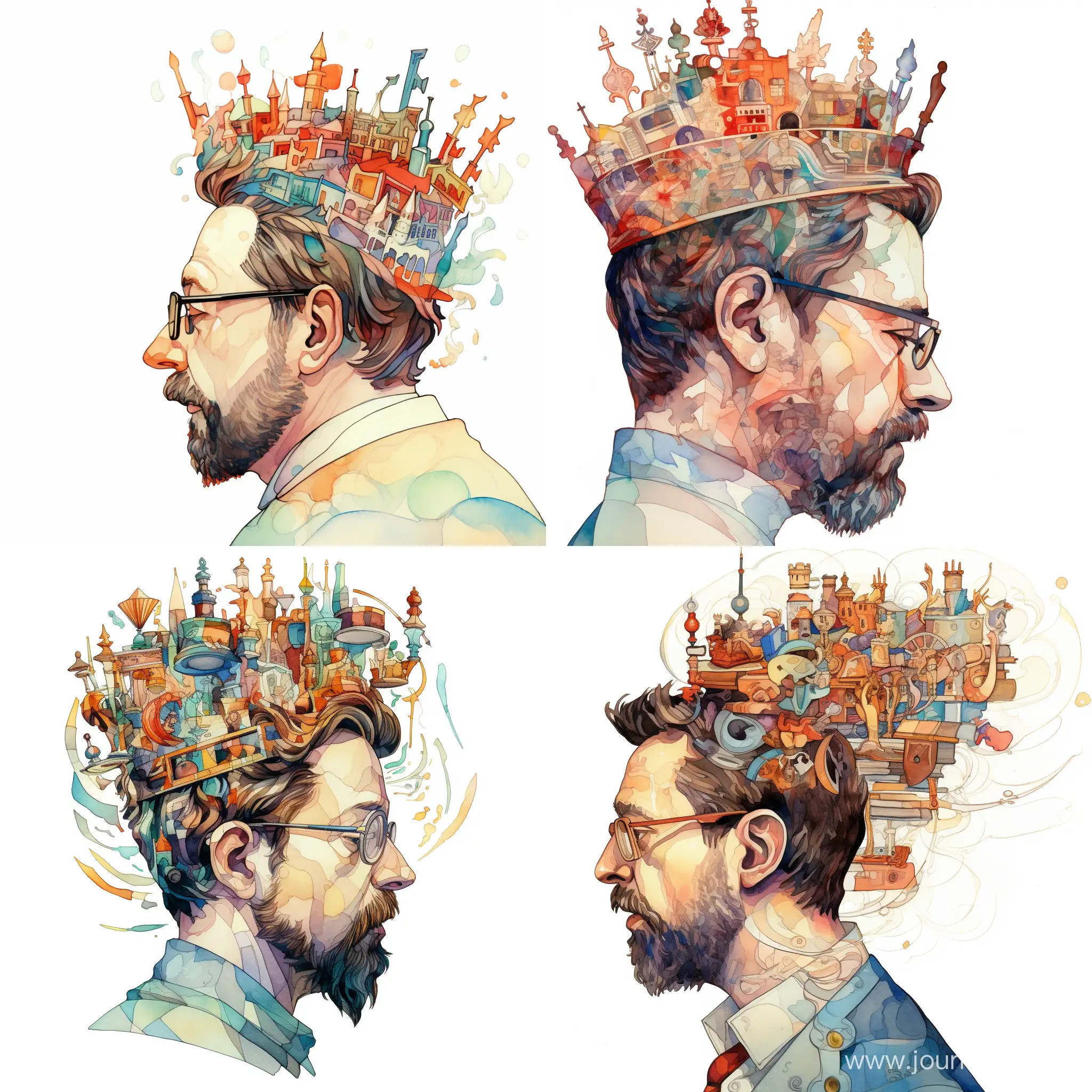 Portrait of Anton Chekhov, in profile, with a crown on his head, against the background of characters from books, on a white background, caricature, watercolor, in detail, impressionism style, Victo Ngai
