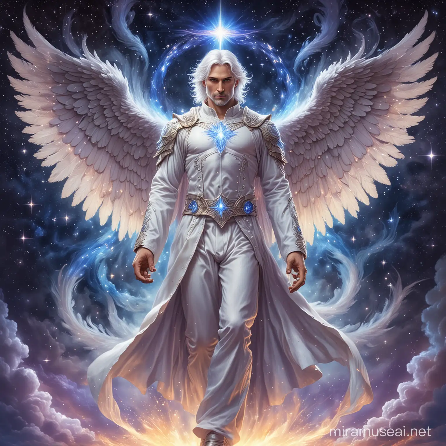 Powerful Guardian Angel with Burning Blue Flame Wings in Starry Cosmos