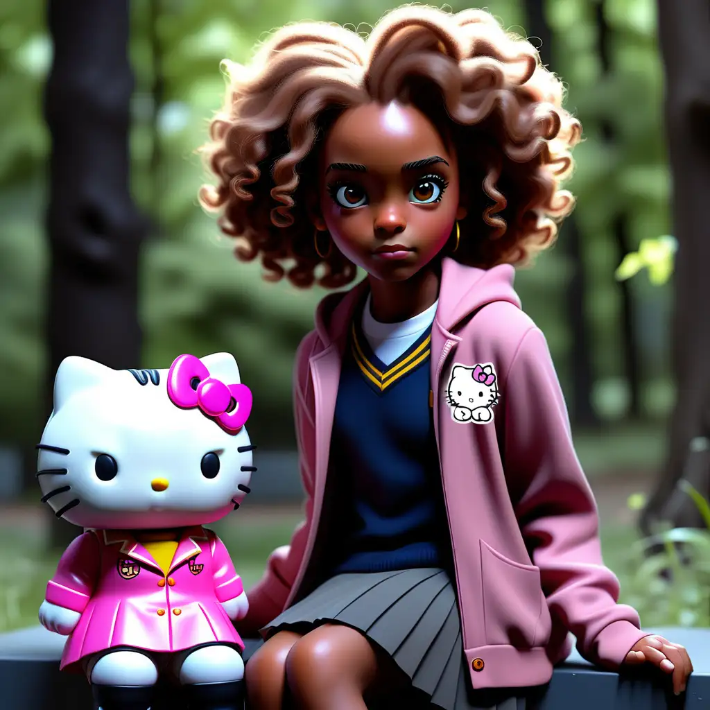 keep with the same image create an african american hermione granger, be fearless, with a bright aesthetic look with her pal Hello Kitty